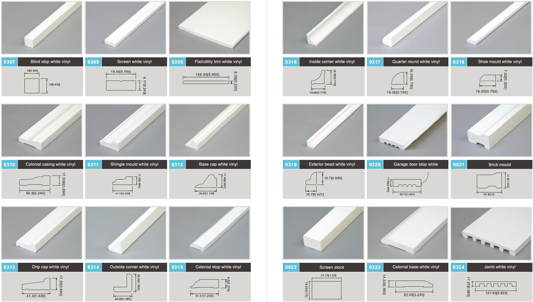 Display of various pvc skirting profiles with dimensions and labels.