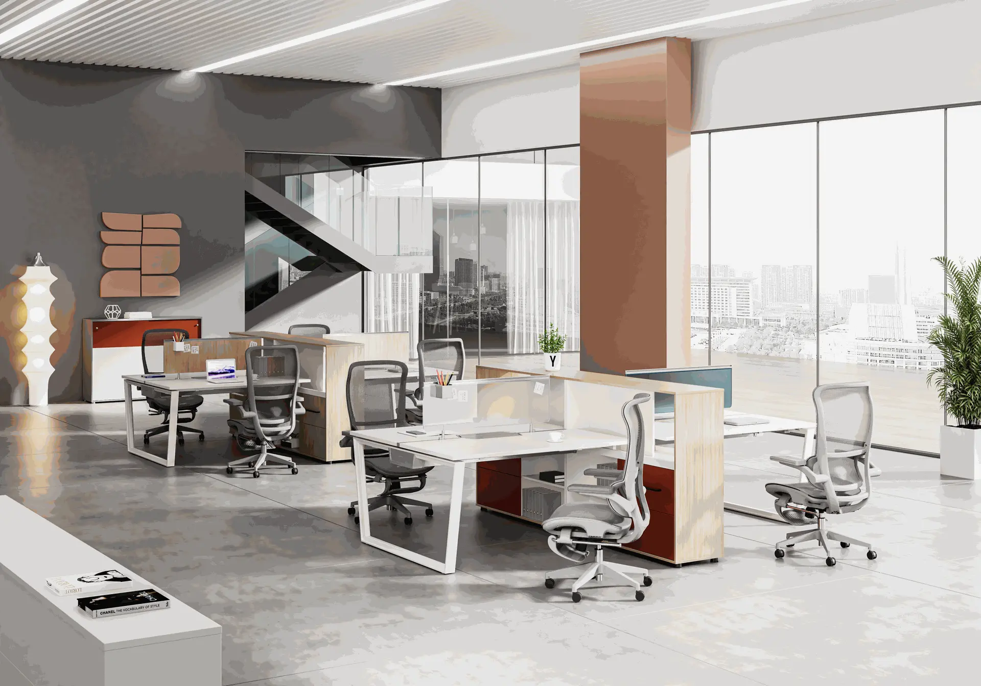 Contemporary Office Furniture Design with Ergonomic Seating Modern office interior featuring sleek desks and ergonomic chairs