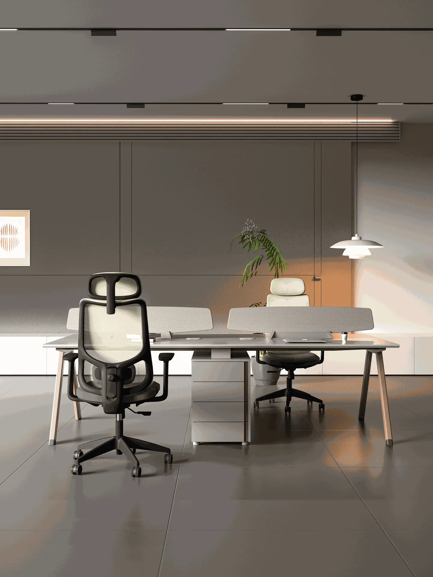 ontemporary Office Furniture in a Stylish Conference Room with Ergonomic Seating Modern office interior featuring sleek desks and ergonomic chairs