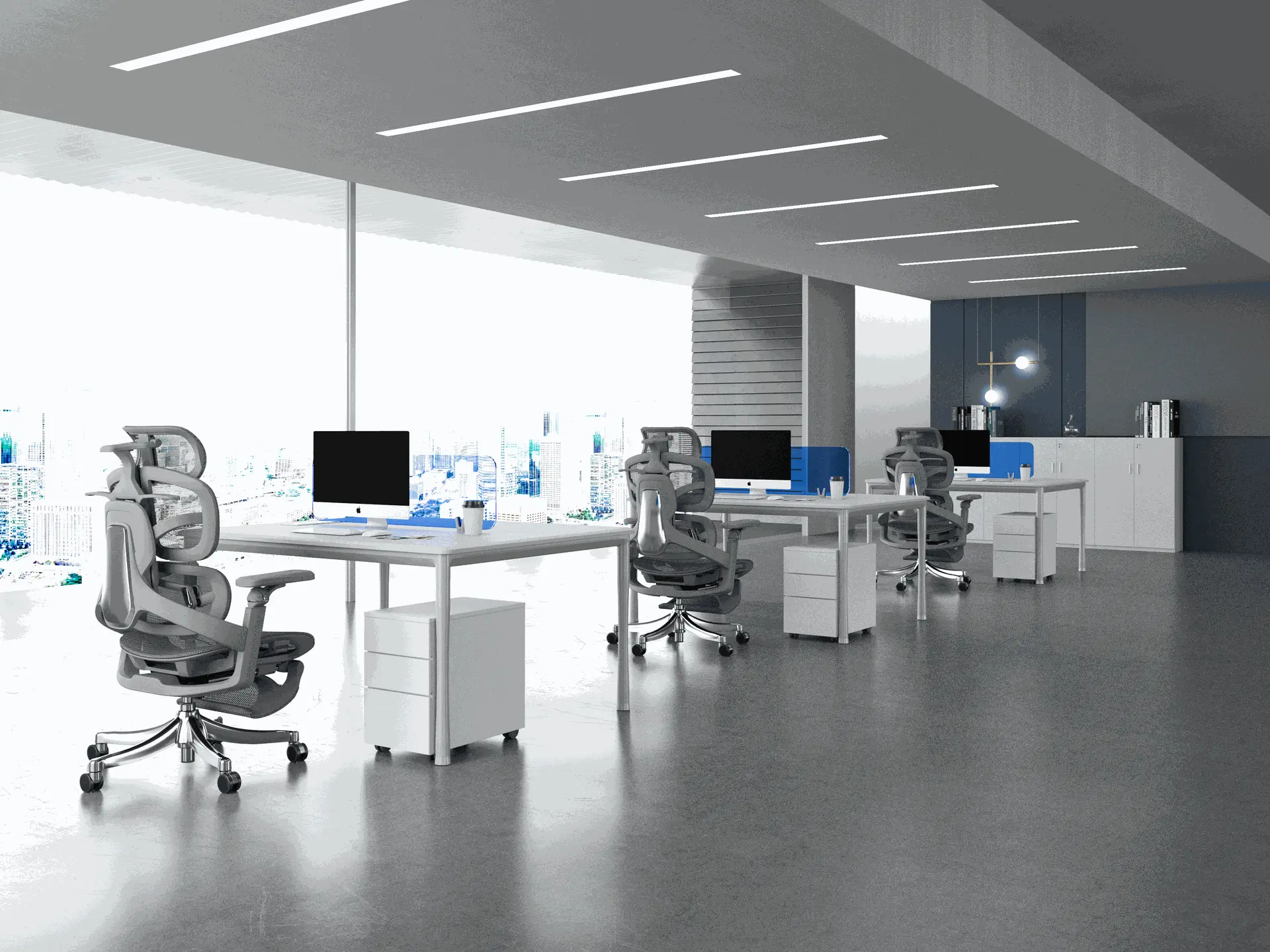 tylish Office Furniture Arrangement with Ergonomic Seating and Modern Technology Sleek and modern office workspace featuring ergonomic chairs, white desks, and computers