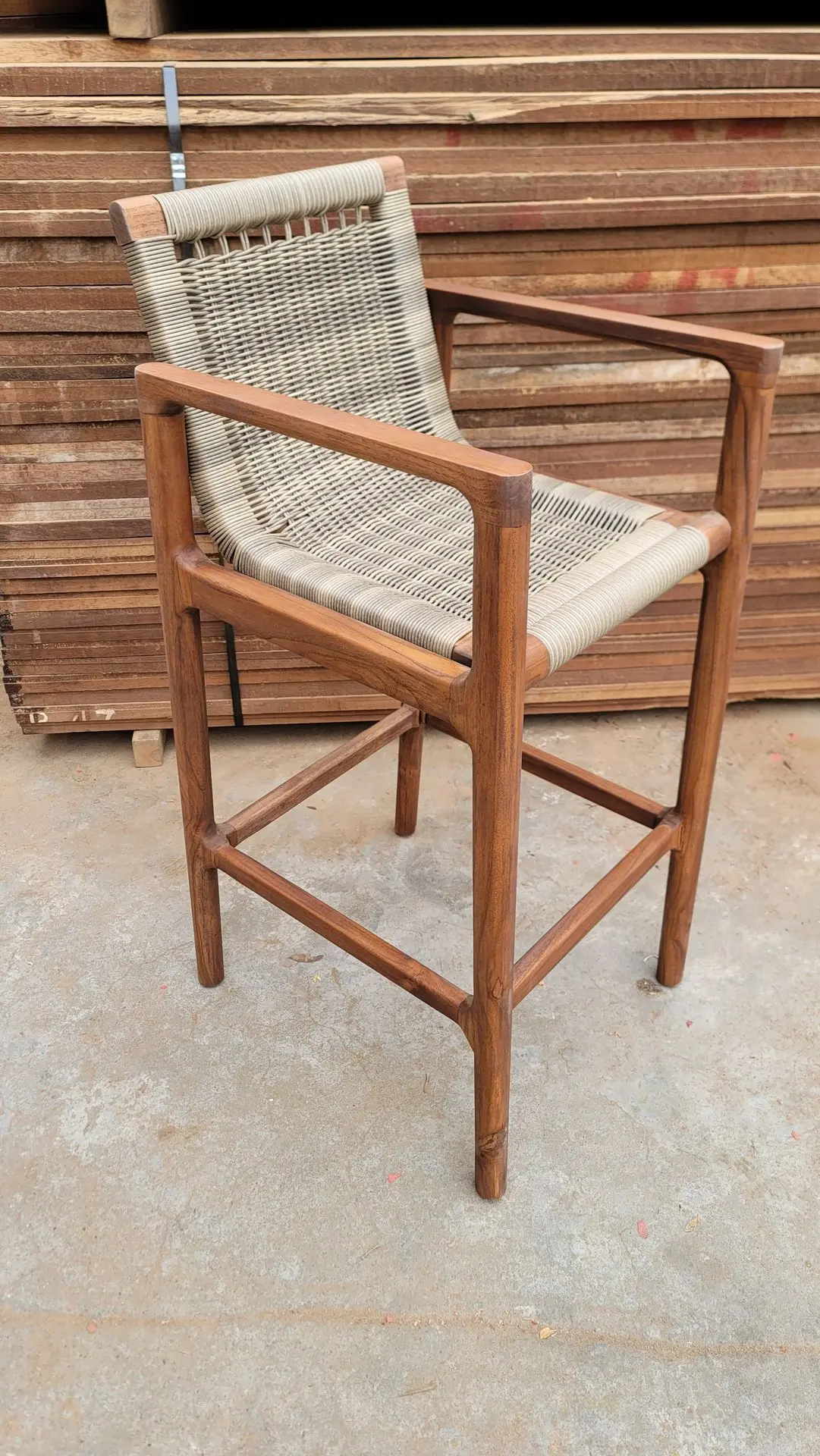  Wooden outdoor bar stool with woven seat,