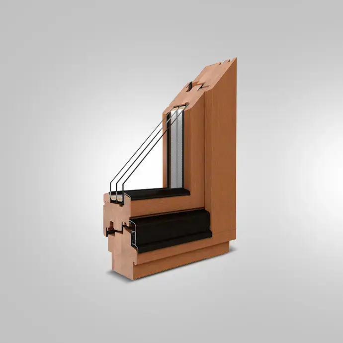 Wooden Windows: Elegant and Customizable Solutions for Every Architectural Style Cross-section of a wooden window showcasing multiple glass panes and a natural wood finish for enhanced aesthetics