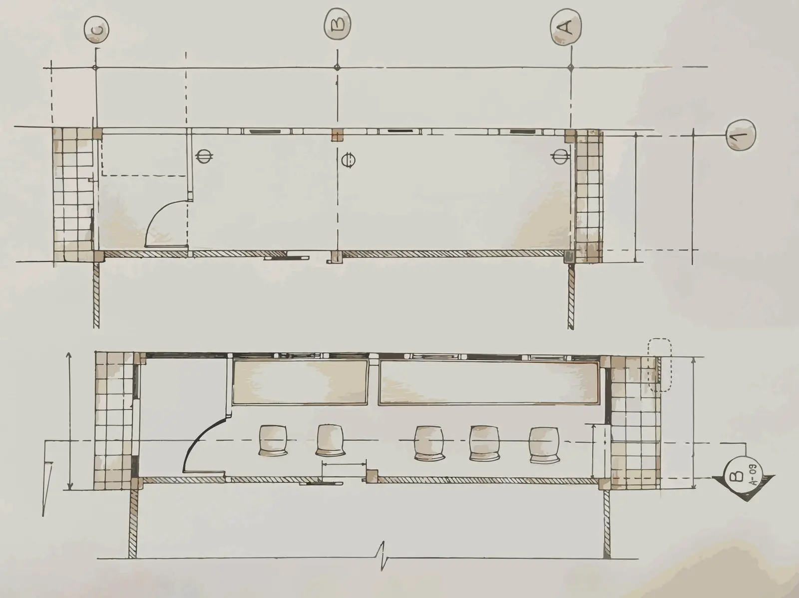 Architectural blueprint showcasing detailed floor plans with labeled sections, illustrating the layout and design of a space for interior modeling.