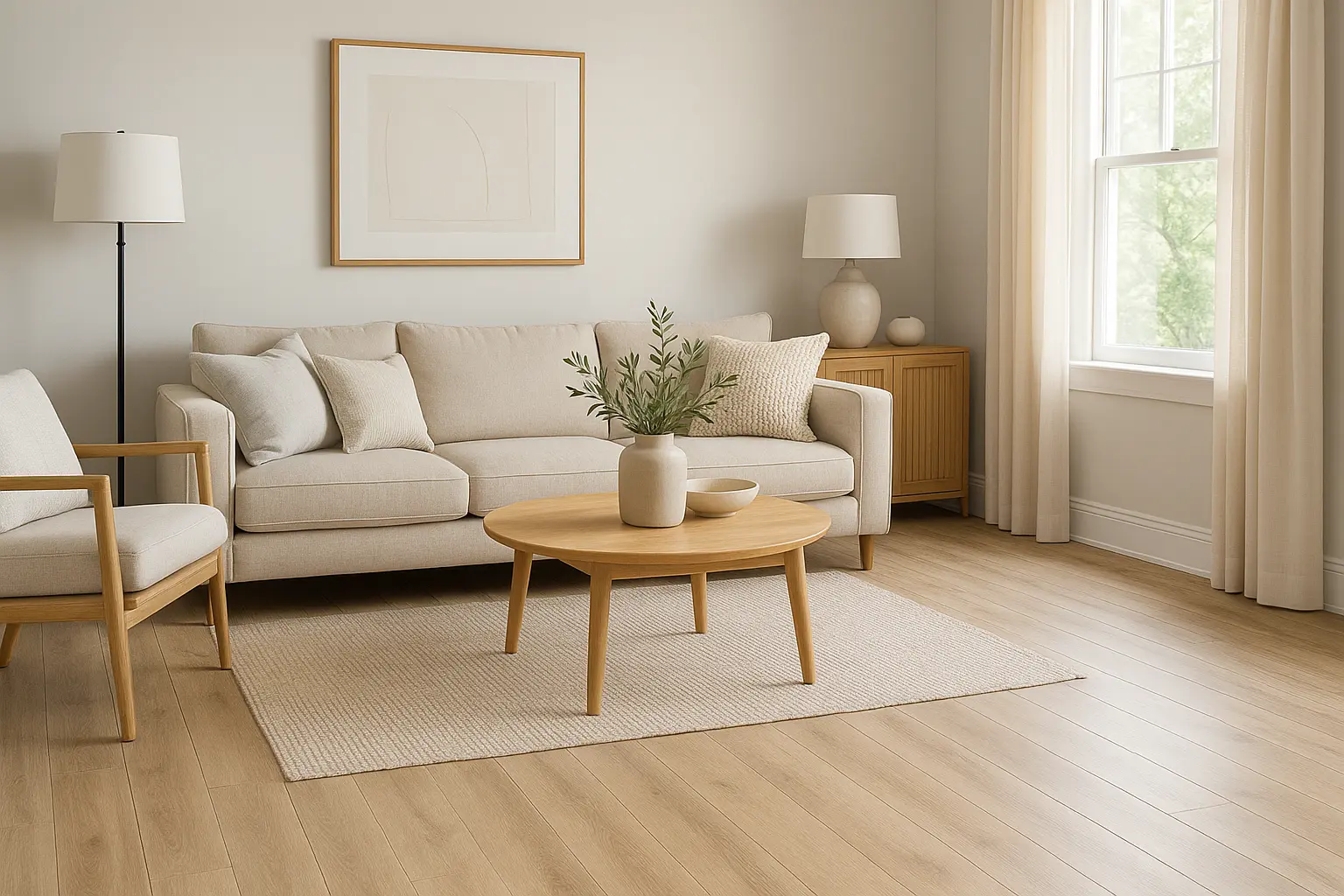 A cozy living room featuring a light beige sofa, wooden coffee table, and natural decor, with luxury vinyl flooring and large windows providing ample natural light.