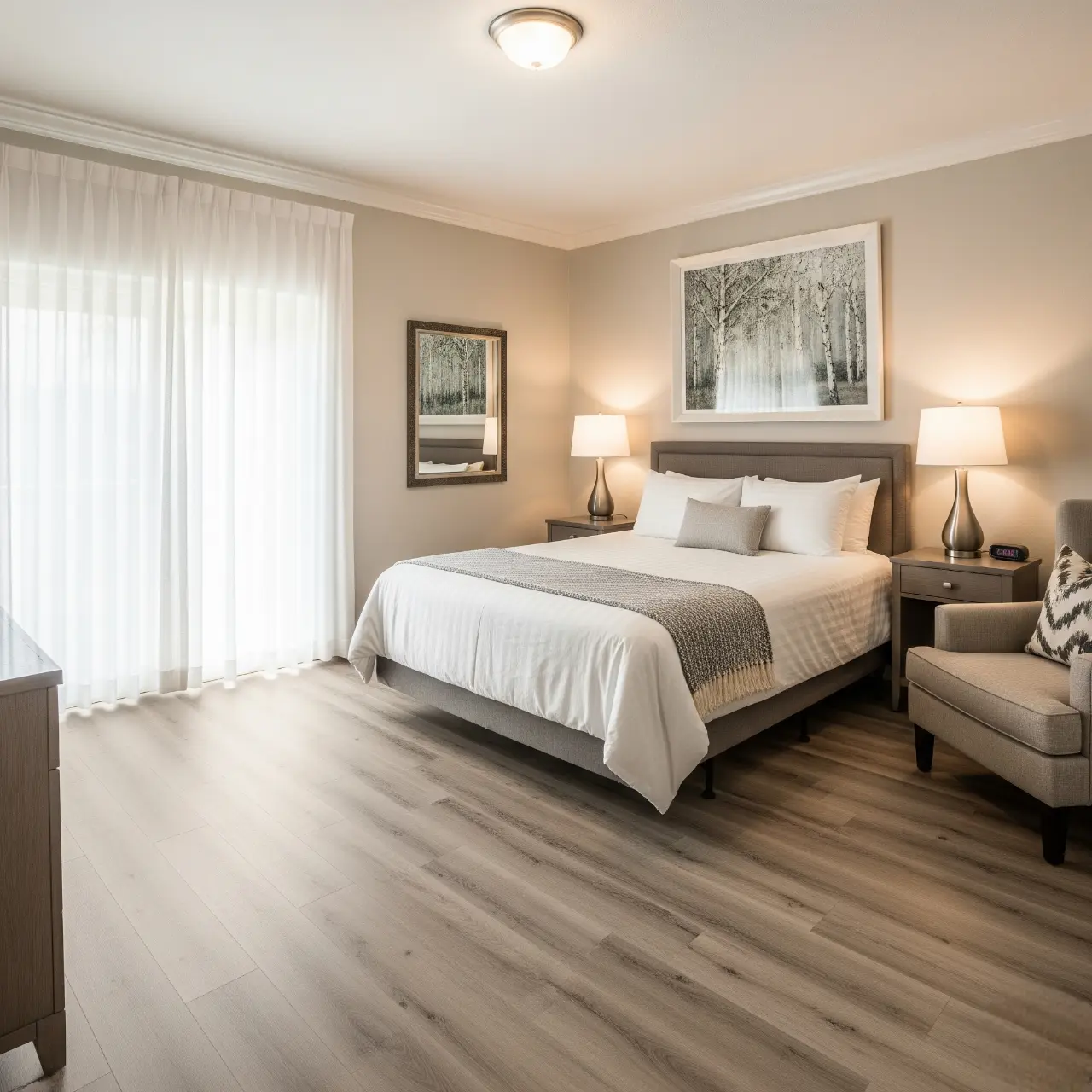 A modern bedroom featuring a queen-sized bed with neutral bedding, stylish bedside lamps, and luxury vinyl flooring, accented by a large window with sheer curtains.