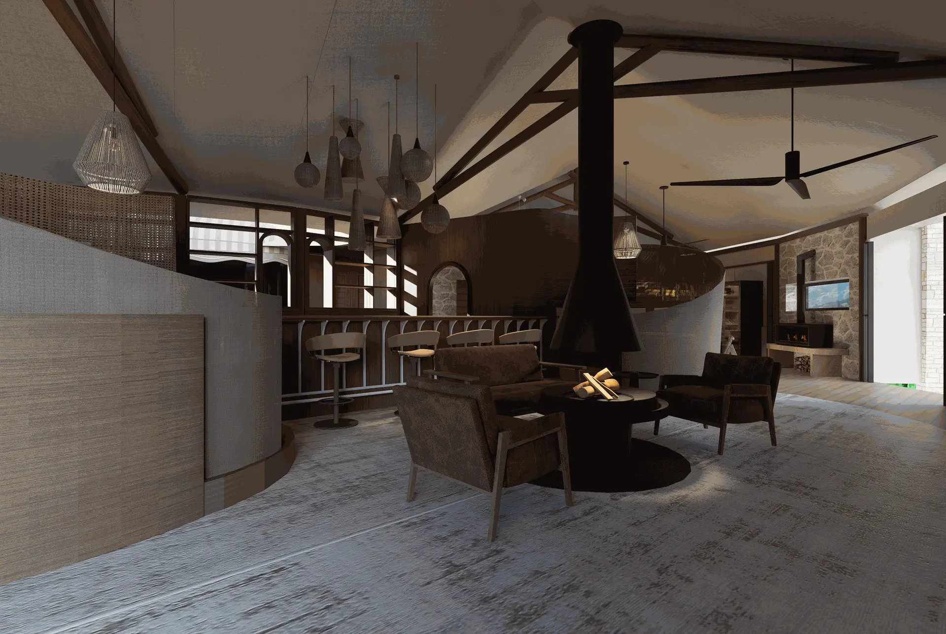 A sophisticated dining and restaurant area in the Yamu main tent featuring comfortable seating