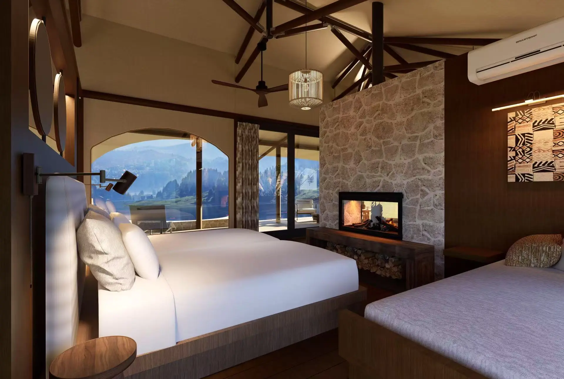 A cozy accommodation tent interior featuring two beds, a stone fireplace, and expansive windows
