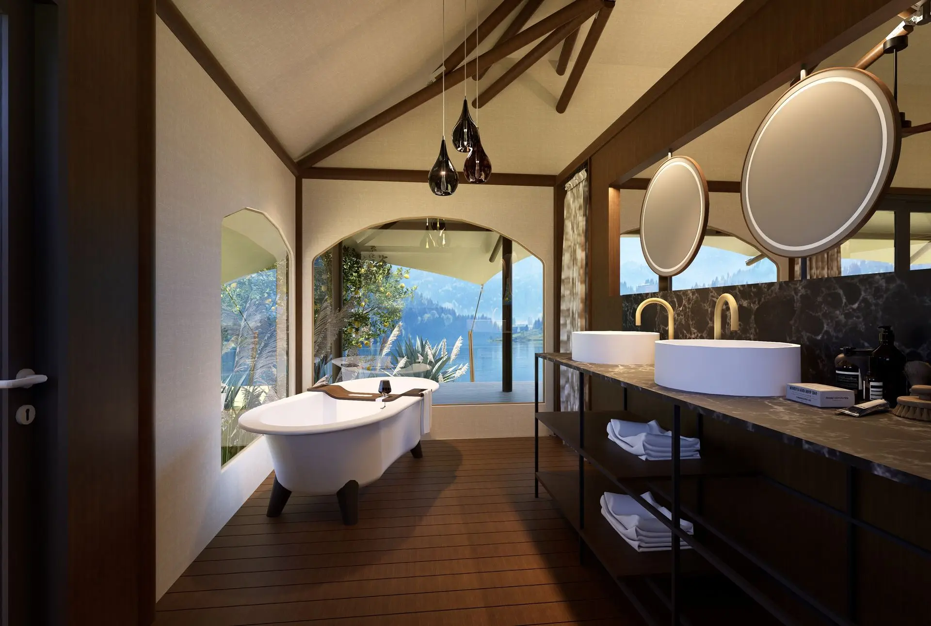 A luxurious spa tent bathroom featuring a freestanding bathtub, double sinks, and stunning views of nature through large windows.