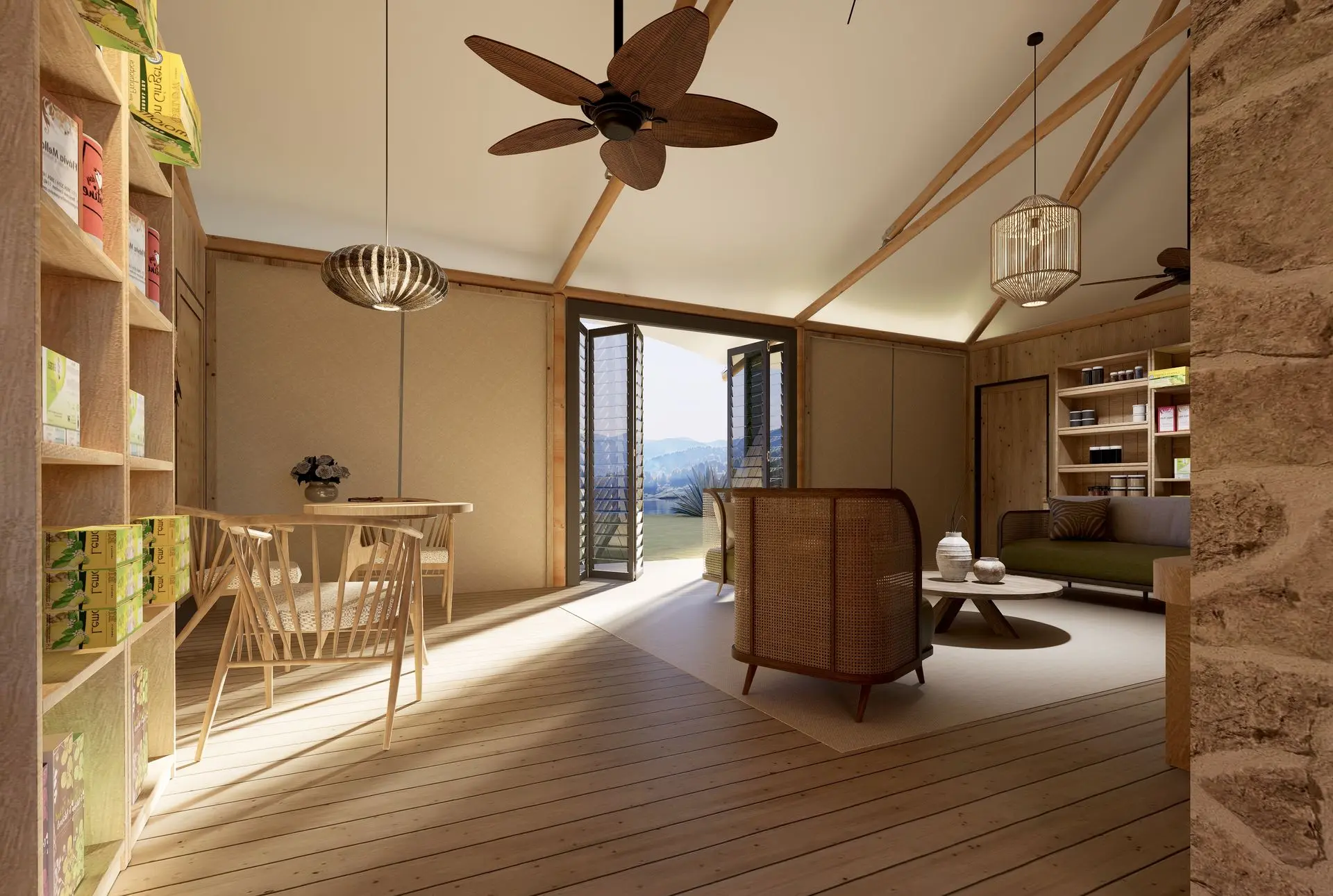 A spacious spa tent dining area featuring natural wood decor, a cozy table setting