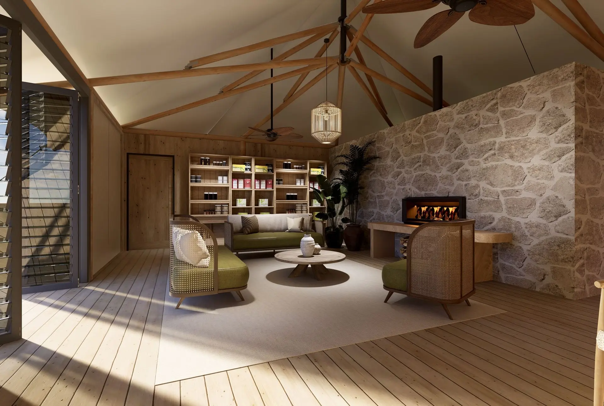 A serene spa tent living area with stone walls, wooden beams, comfortable seating, and a cozy fireplace