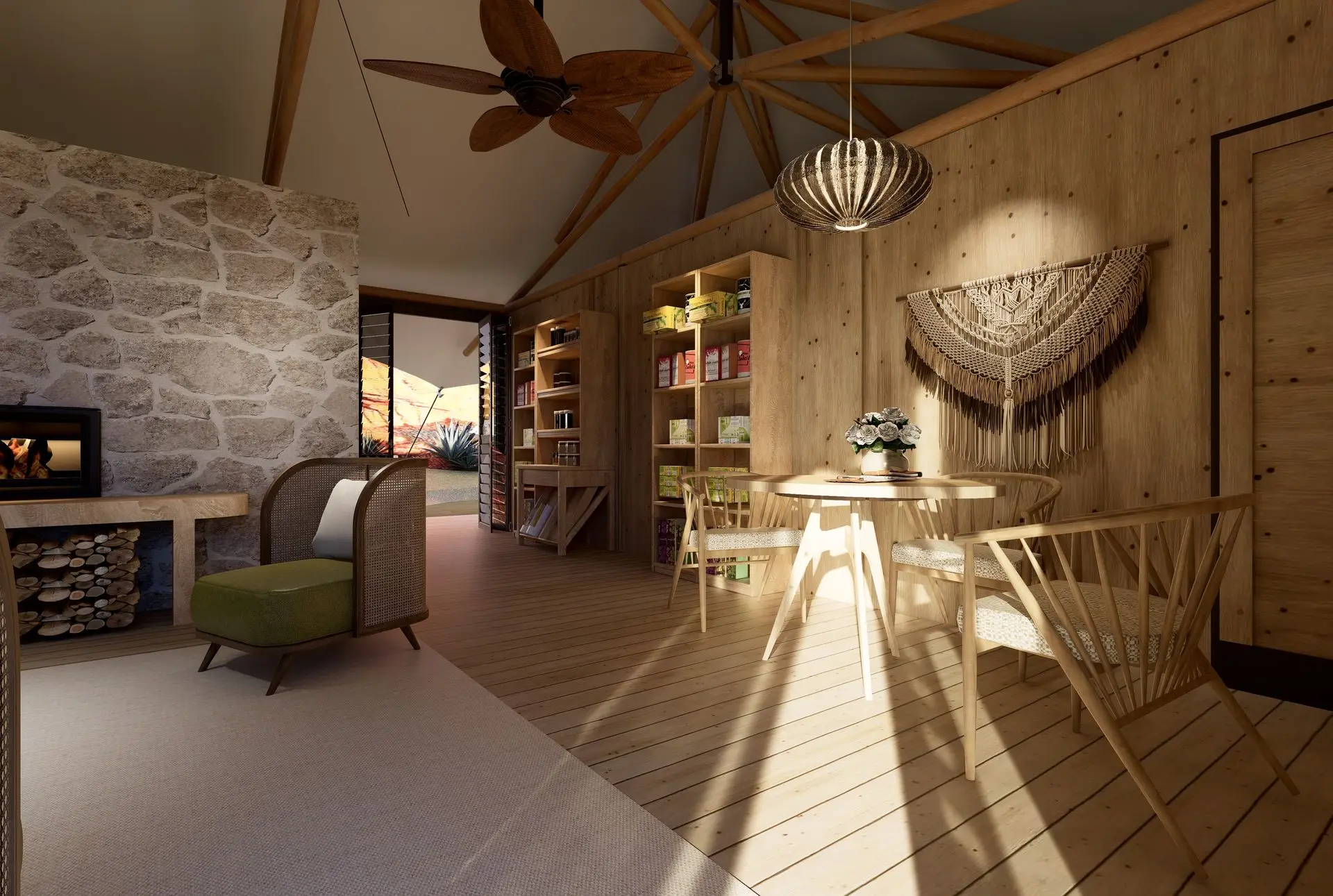 Cozy interior of a Yamu Spa tent featuring wooden elements, stone walls, and natural light.