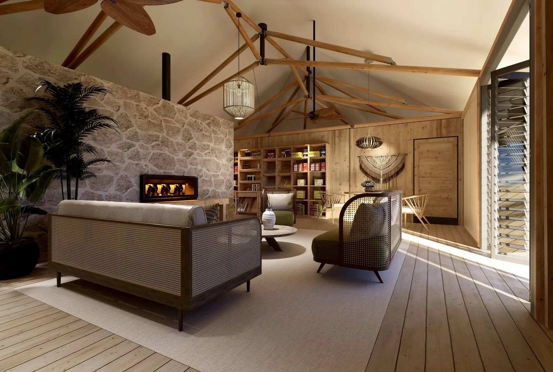 A cozy spa tent interior featuring a modern design with stone walls, wooden beams, a fireplace, and comfortable seating.
