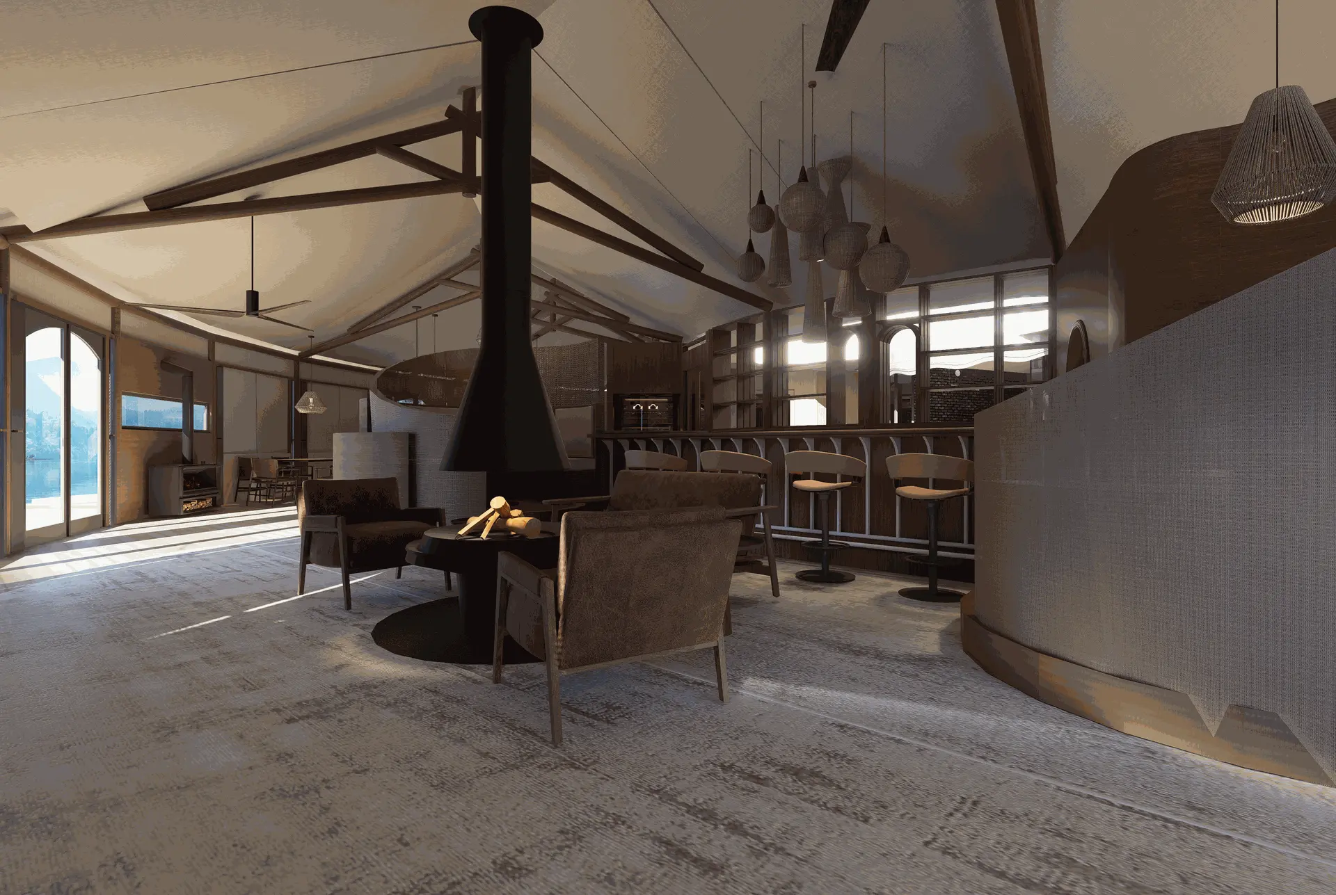 A stylish dining and restaurant space in the Yamu main tent featuring plush seating