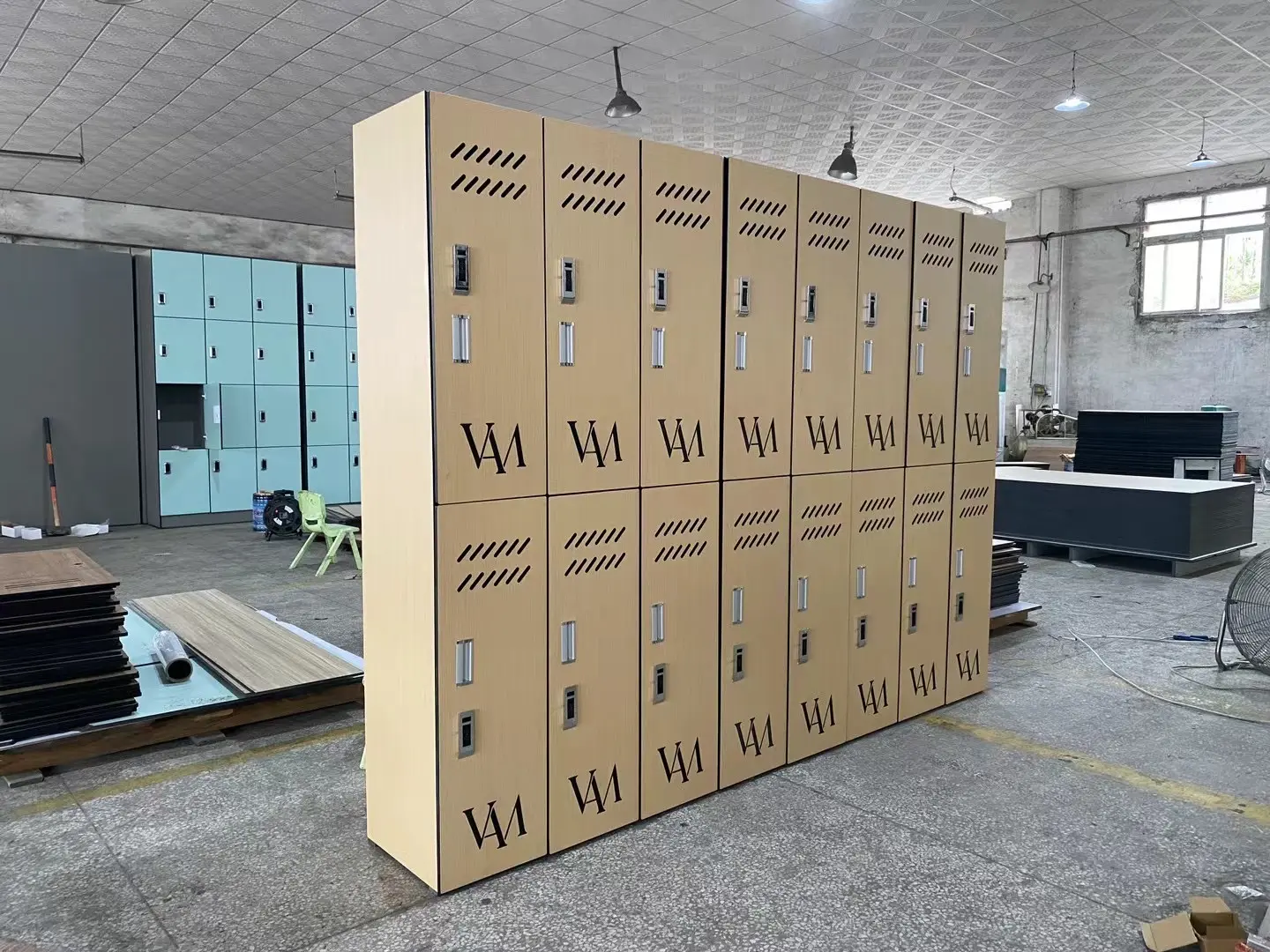 A row of customized lockers set in a factory.