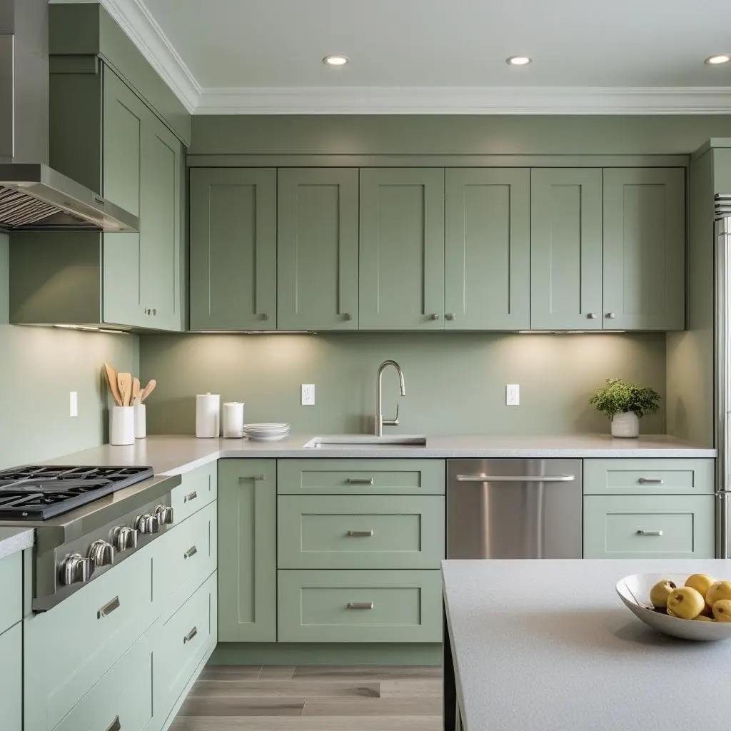 Modern kitchen featuring soothing green vinyl wall covering