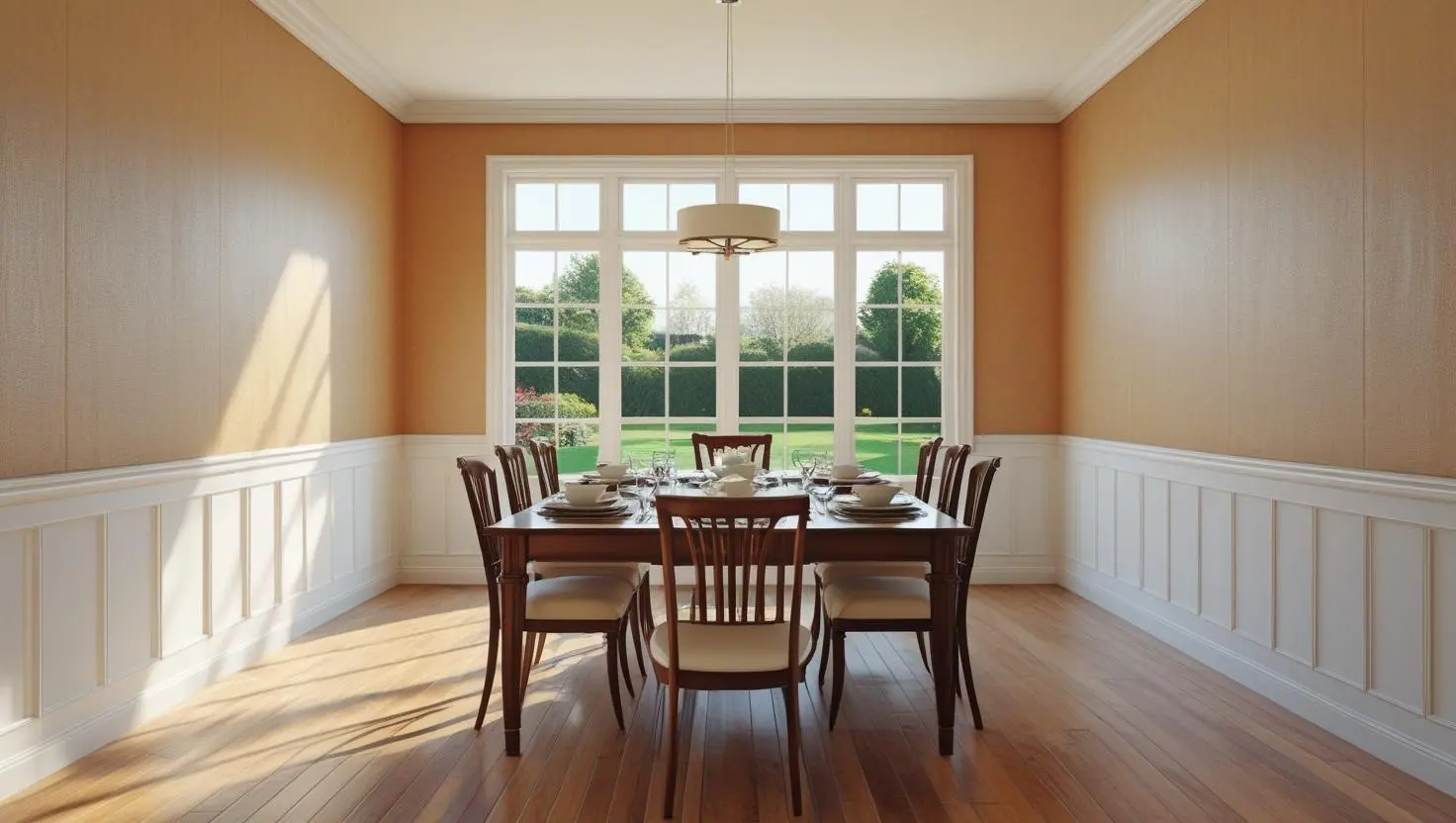 Bright dining room featuring textured vinyl wall covering in warm tones