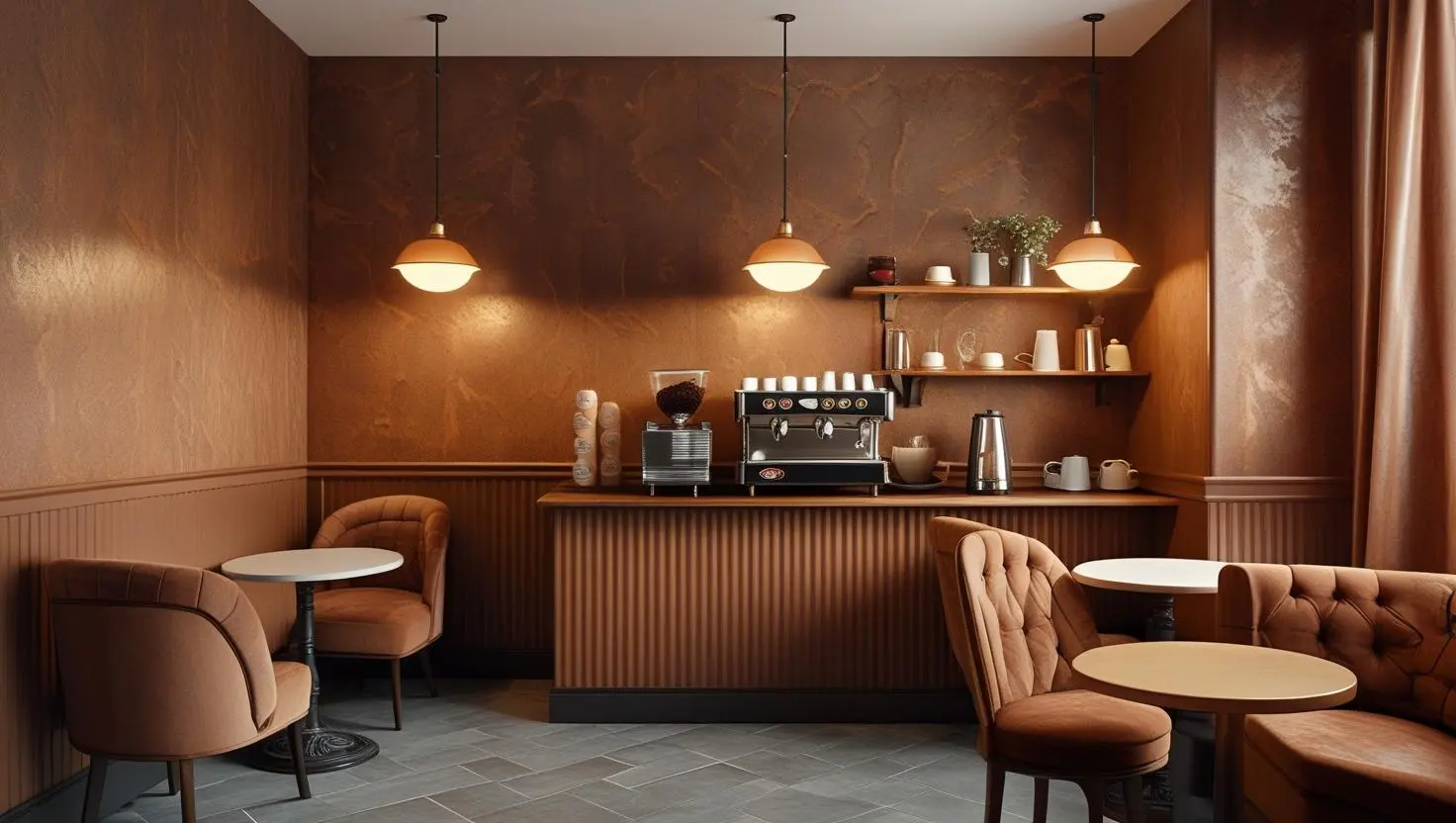 Interior of a stylish cafe featuring rich vinyl wall coverings, cozy seating, and an elegant coffee bar setup.