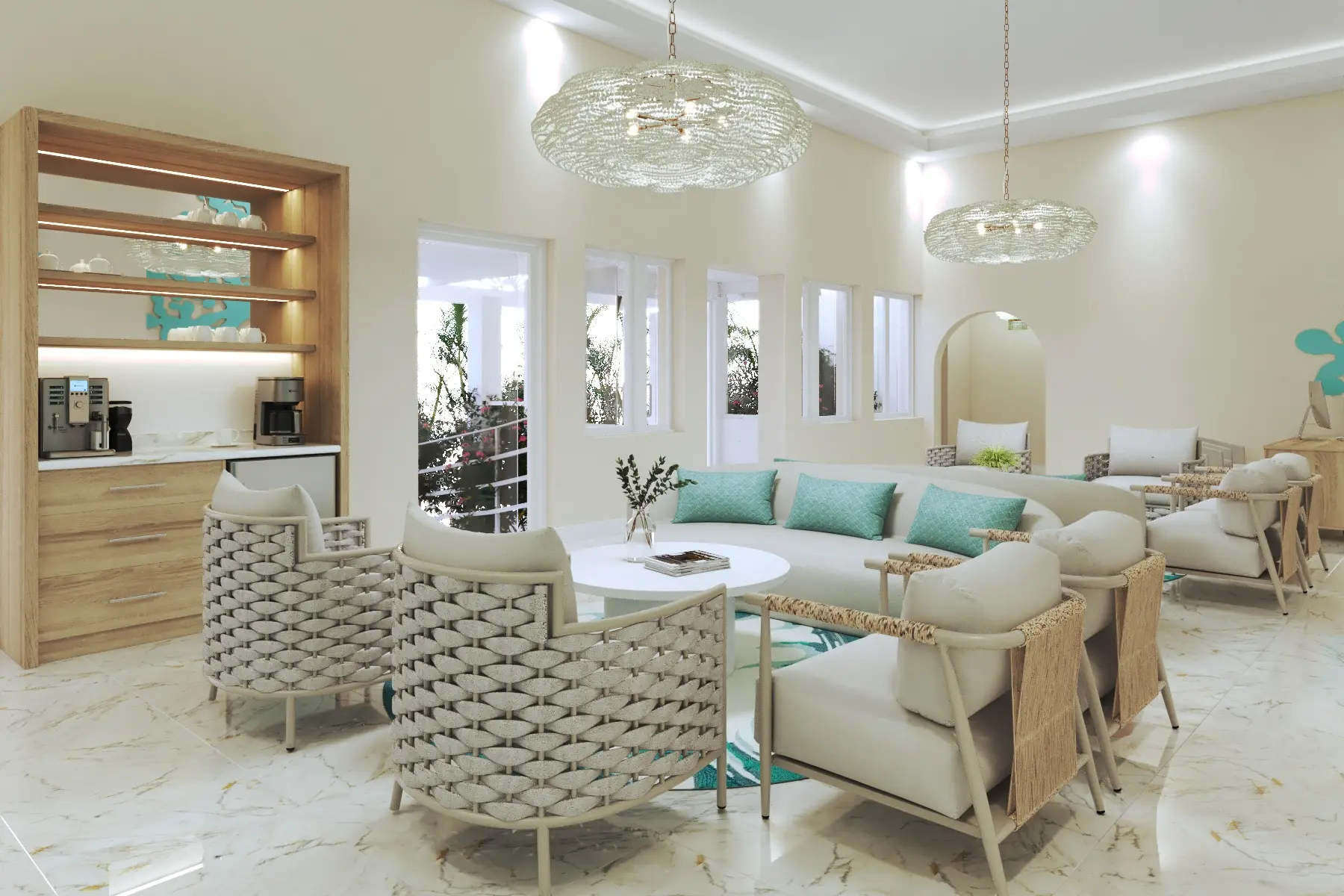 Contemporary lobby of the Sea Breeze Beach House, featuring a coffee station, modern seating arrangements, and decorative lighting, all complemented by a light, airy color palette.