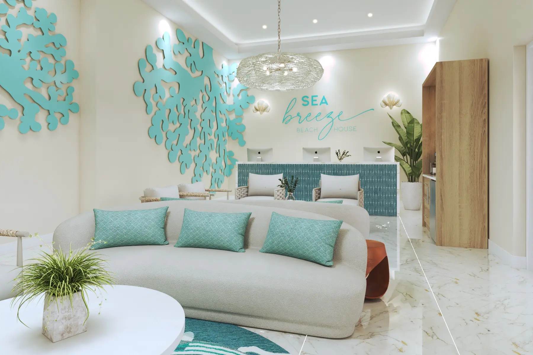 Interior view of the Sea Breeze Beach House featuring coastal-inspired decor, bespoke furniture, and custom signage.