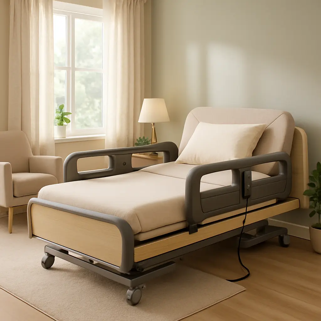 A hospital-style adjustable bed with side rails is positioned in a softly lit room with neutral decor, a window, armchair, lamp, and potted plants.