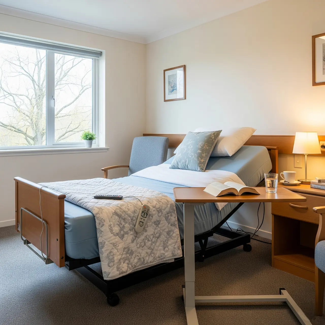 A hospital or care facility room with a single adjustable bed, bedside table with lamp, open book, water glass, and a window letting in natural light.