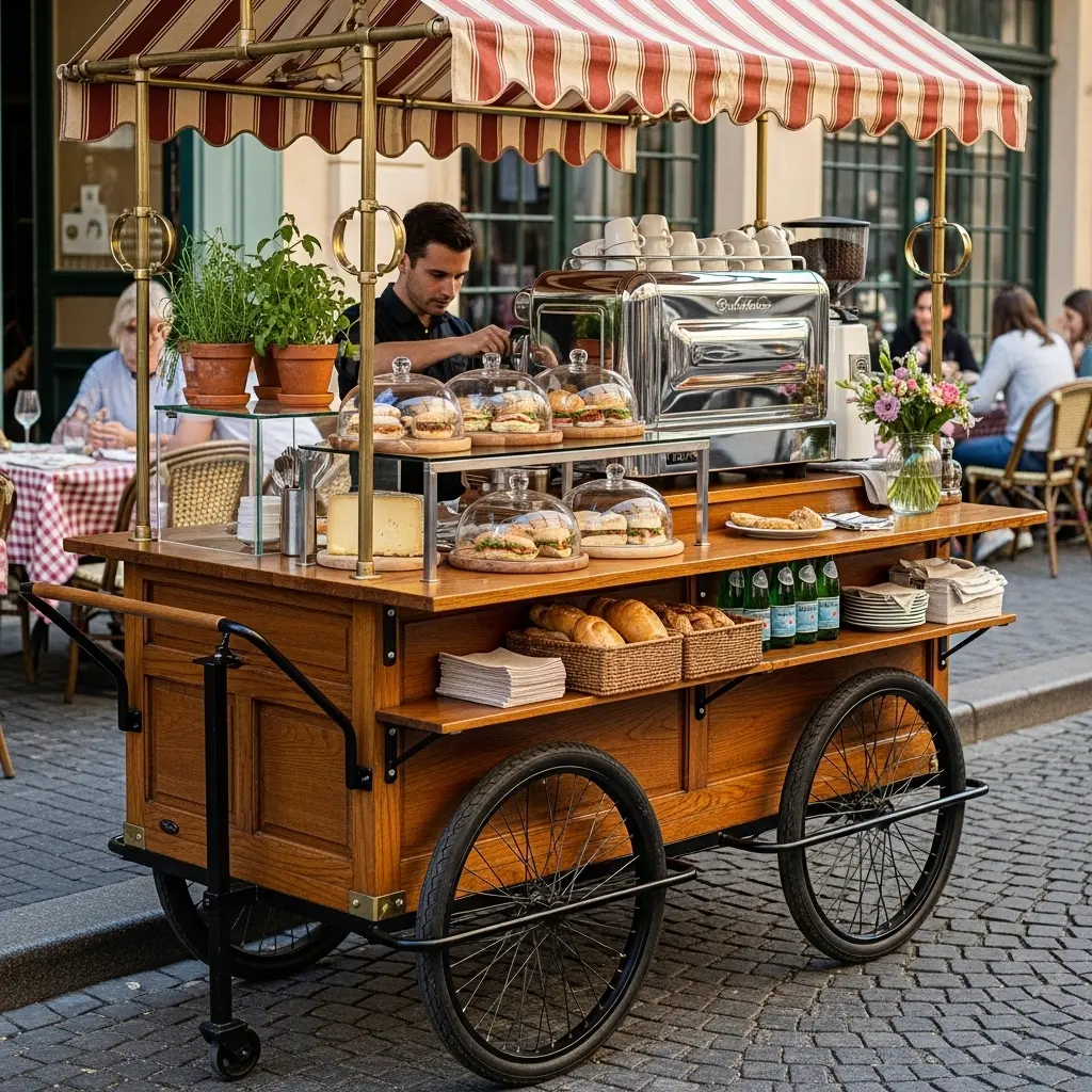 intage Wooden Food Cart with Striped Canopy – Café Mobile Barrow Display A wooden food cart with pastries, sandwiches, drinks, and coffee equipment is stationed on a cobblestone street, with a man working behind it and people seated at tables nearby.