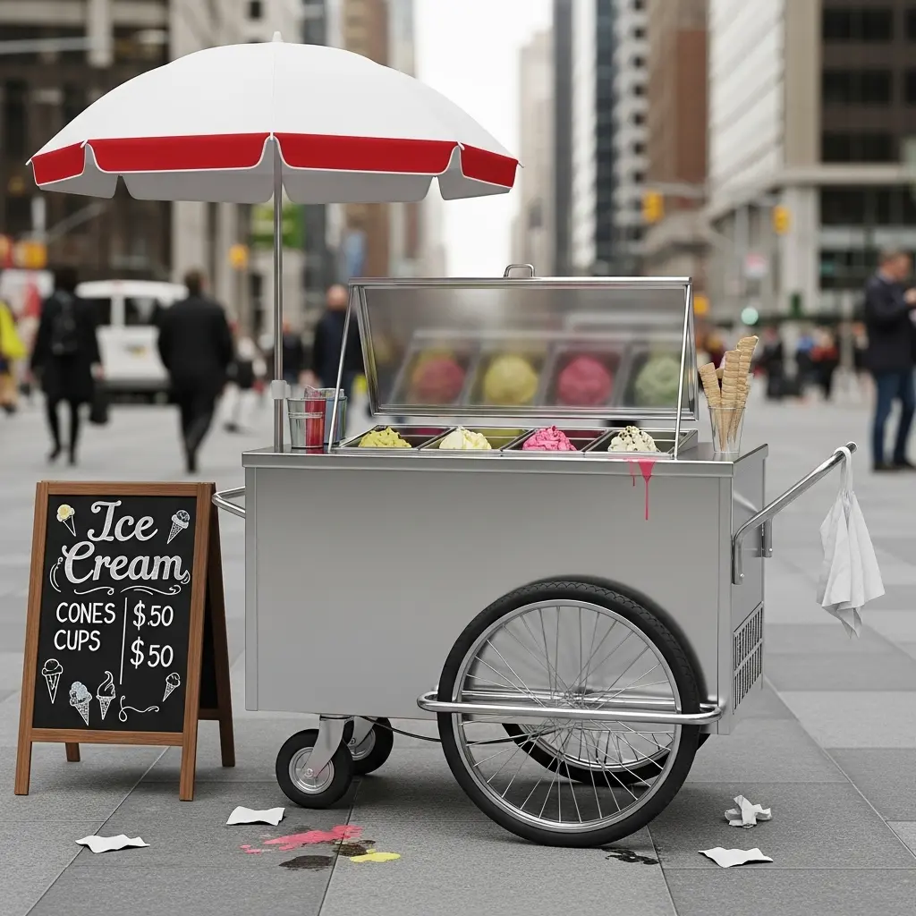 Sleek Ice Cream Cart on Street with Chalkboard Sign and Umbrella An ice cream cart with cones and various flavors is set up on a city sidewalk. A chalkboard menu displays prices. People and buildings are visible in the background.