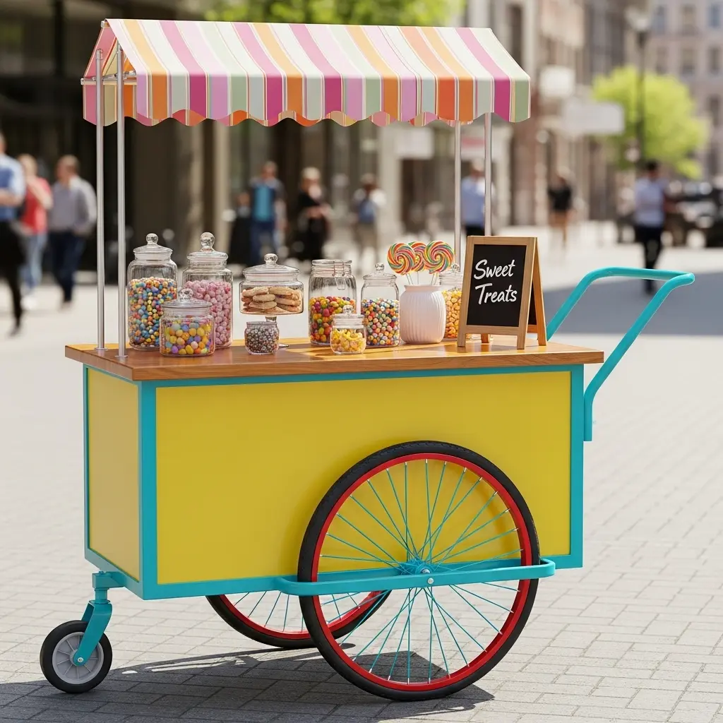 Vintage Sweet Treats Cart with Colorful Canopy – Bright Yellow and Turquoise Mobile Stand A colorful candy cart with a striped canopy, jars of sweets, lollipops, and a "Sweet Treats" sign stands on a city sidewalk.