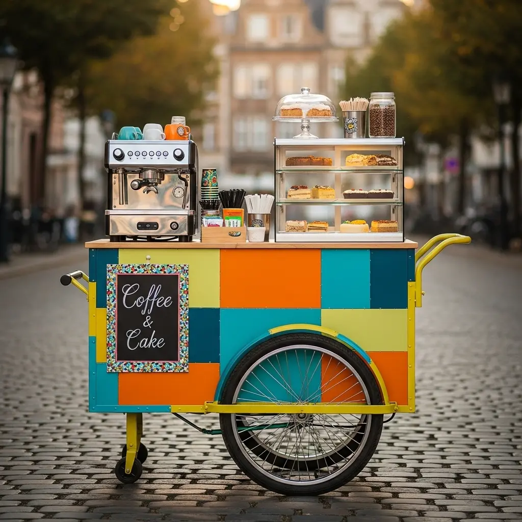 Colorful Street Coffee & Cake Cart on Cobblestone Street A colorful coffee and cake cart with pastries and a coffee machine on a cobblestone street, set against a blurred city background.