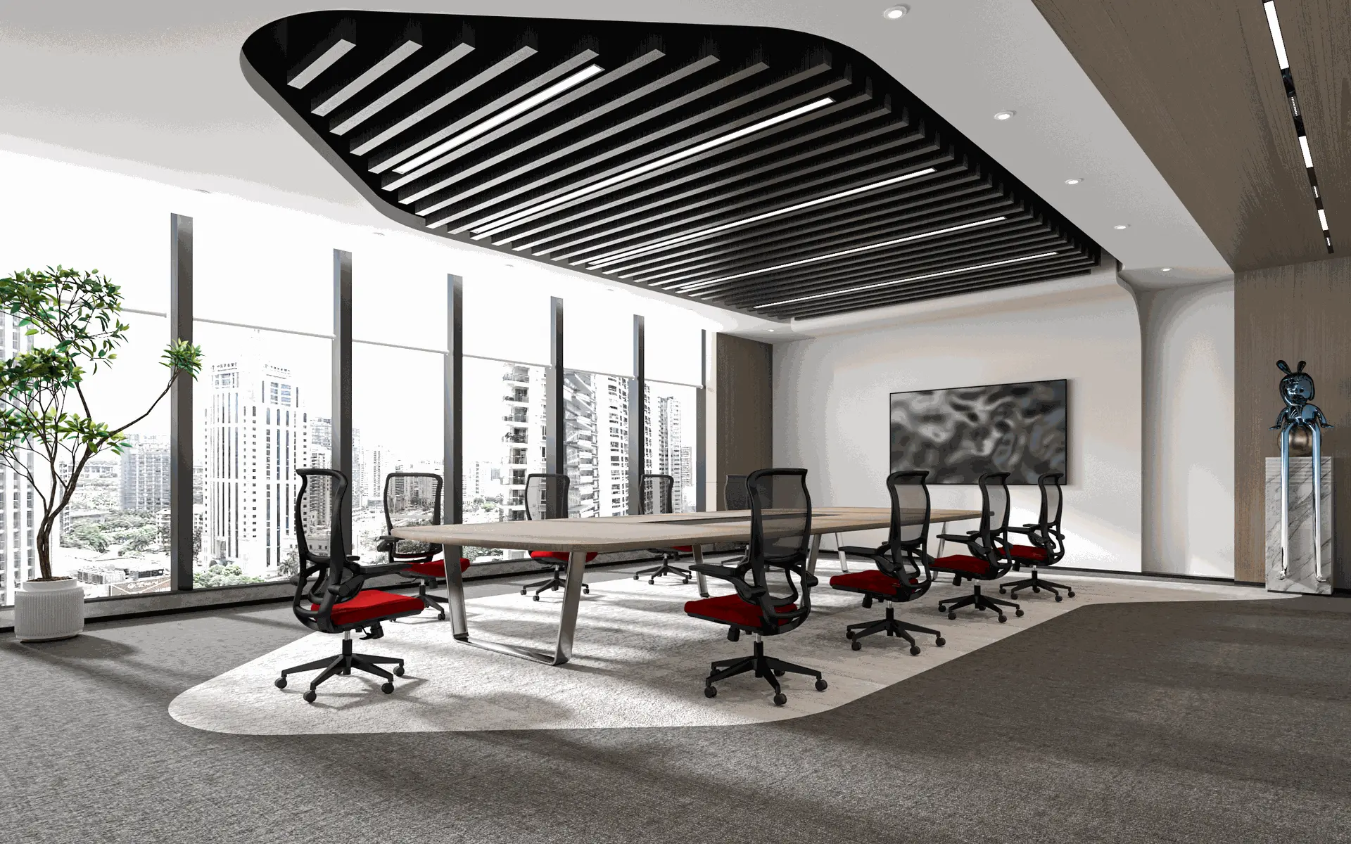 Modern conference room with a long table, black mesh chairs with red seats, floor-to-ceiling windows, a large screen, and city buildings visible outside.