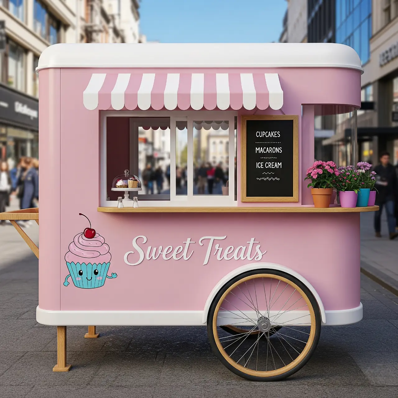 Sweet Treats Ice Cream Cart – Cupcakes & Macarons on Wheels A pink food cart labeled "Sweet Treats" sells cupcakes, macarons, and ice cream on a city street. The cart has a striped awning, flowerpots, and a cupcake illustration.