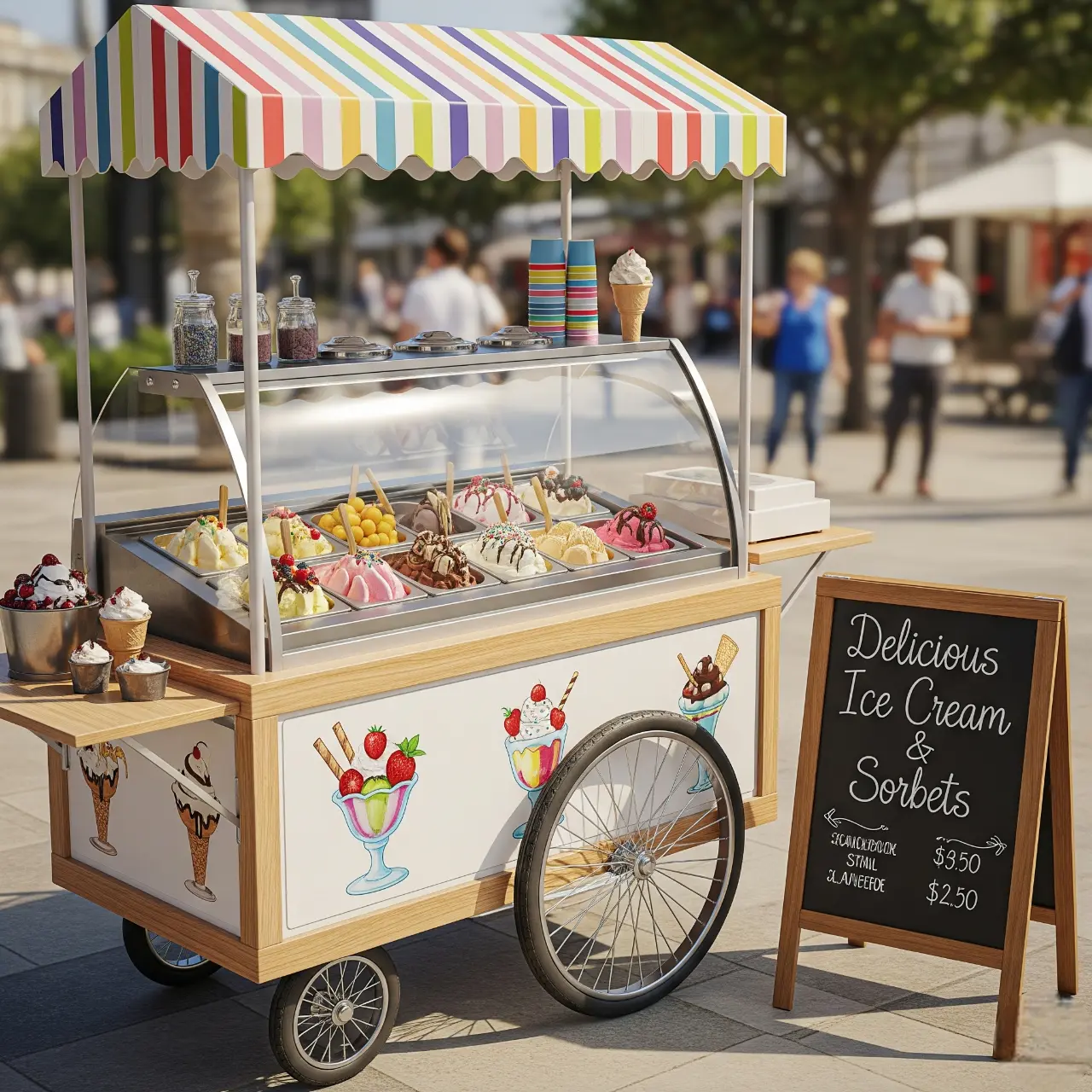 Delicious Ice Cream Cart – Sorbets & Treats on Wheels A mobile ice cream cart with a striped canopy displays various ice cream flavors. A chalkboard sign lists prices for ice cream and sorbet. Cups and cones are on top of the cart.