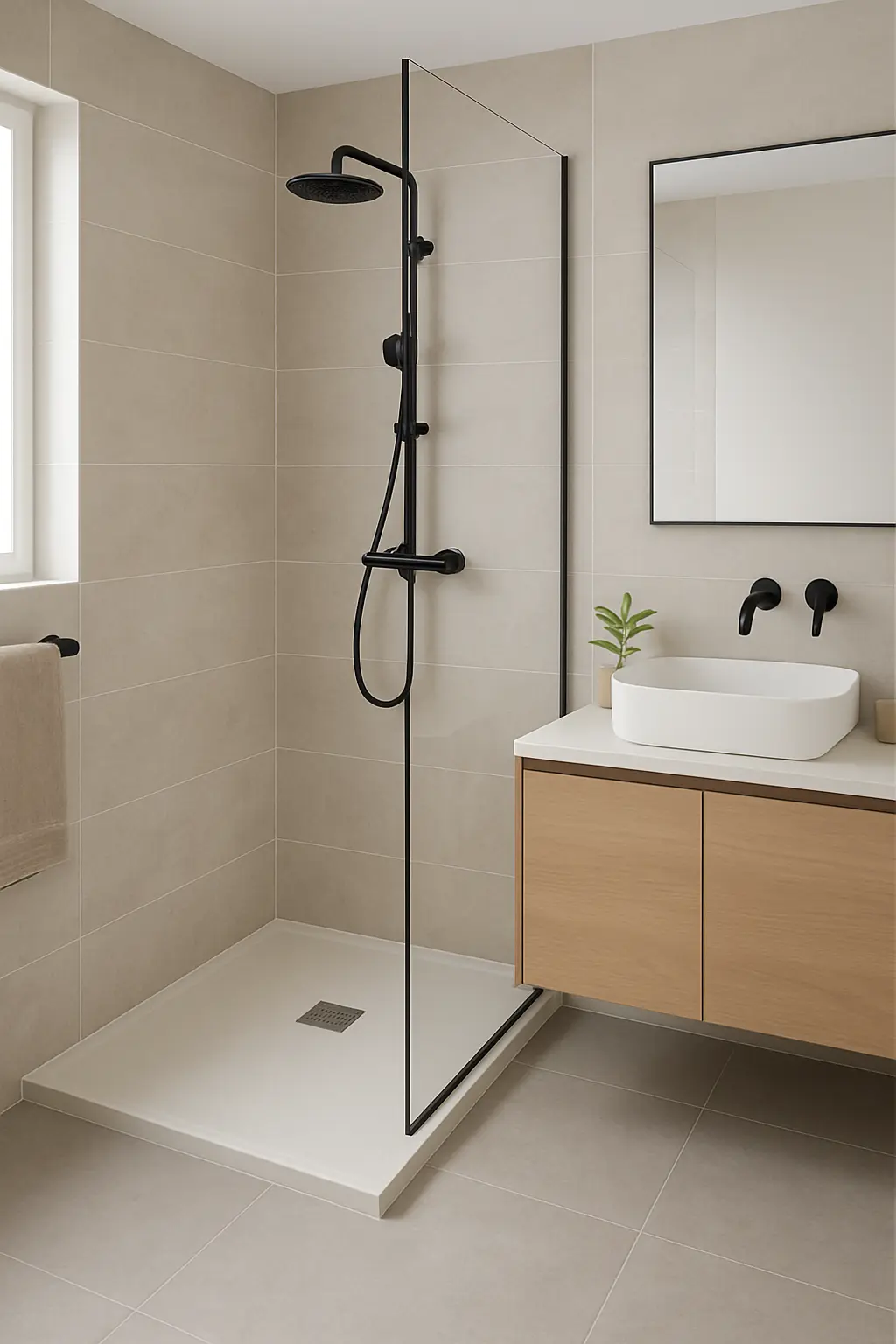 Modern bathroom with a rectangular stone shower tray, black-framed glass panel, wall-mounted shower, and light beige tile walls and floor.