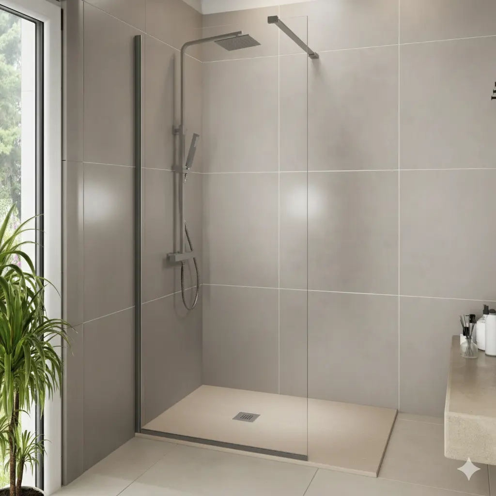 Artificial stone shower tray with a smooth, matte finish and integrated drain, showcasing natural stone texture and gray tones.