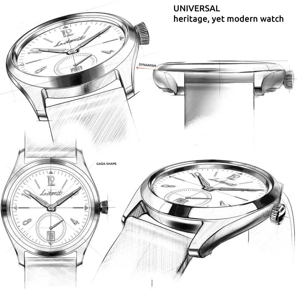 Universal Heritage, Modern Watch Design | Timeless Wristwear Black and white design sketches of a wristwatch showing different angles and labeled details; text reads “UNIVERSAL heritage, yet modern watch.”.