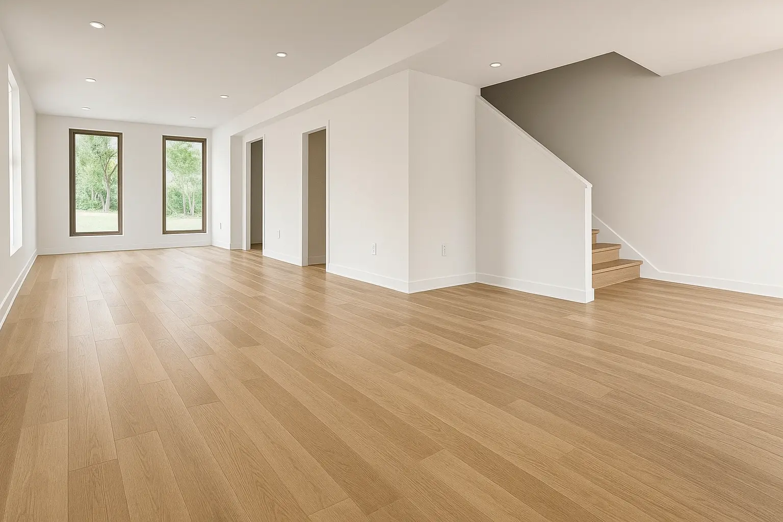 Timber flooring in bright open living space A bright, empty room with light timber plank flooring, white walls, and large windows showing greenery outside.