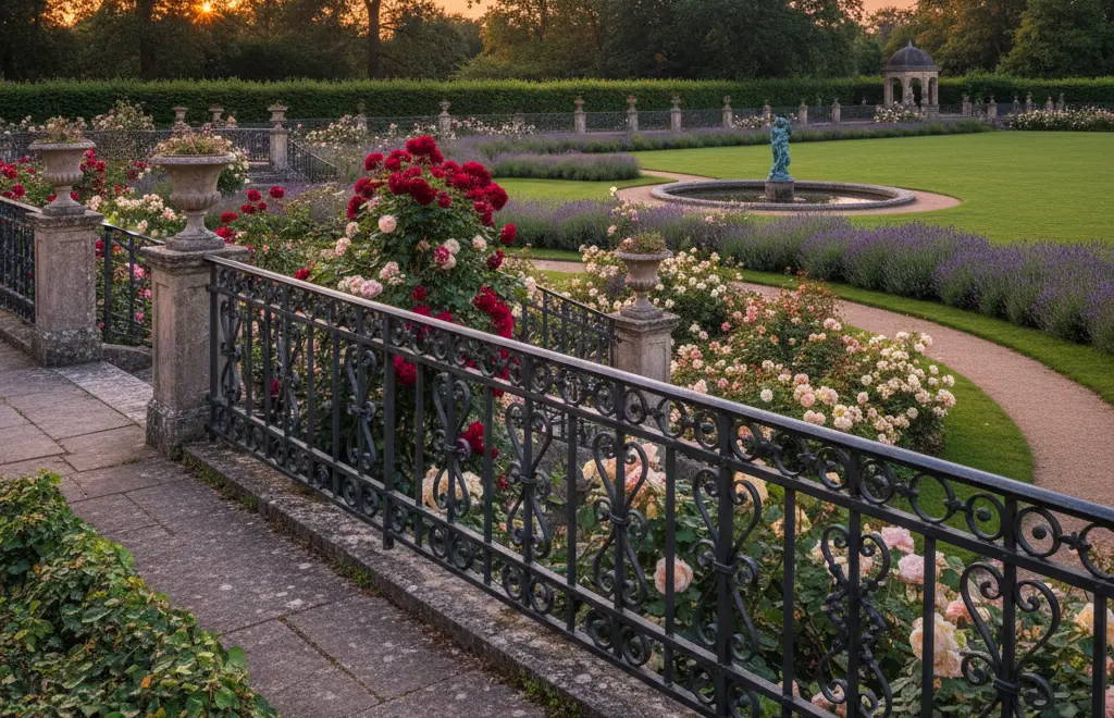 Wrought iron railing along a stone terrace, with blooming roses and a formal garden in the background.