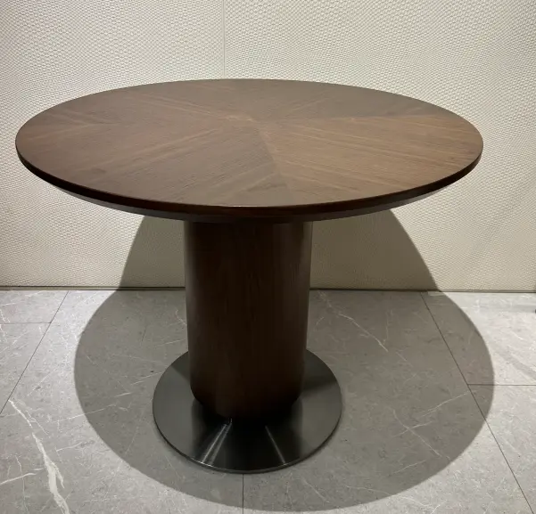 Round Pedestal Table Sourcing: Modern Wood Loose Furniture China Round dining table featuring a wood veneer top with a starburst pattern, supported by a cylindrical wood pedestal and a brushed metal disc base, sourced as premium loose furniture china.
