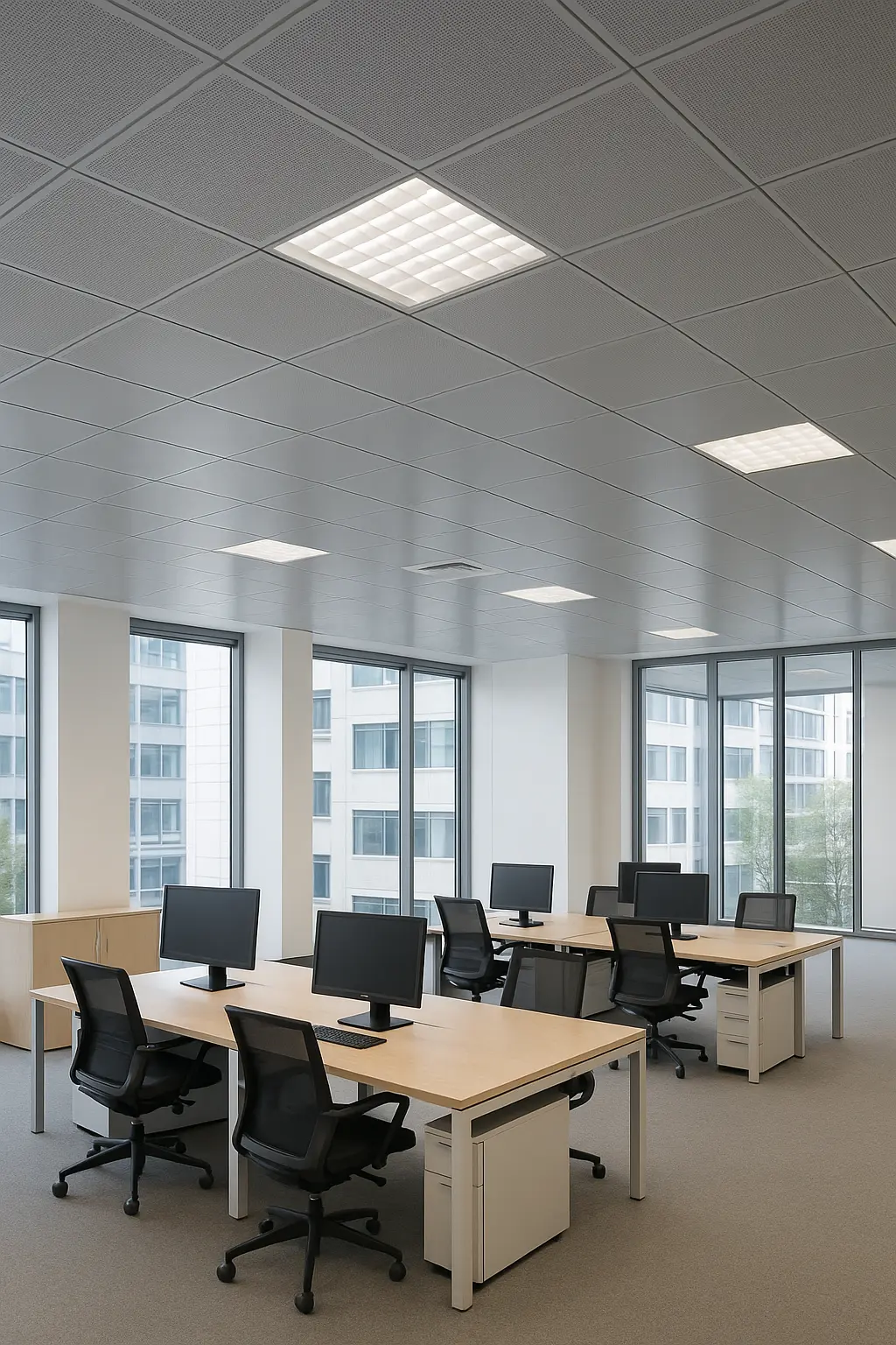 Modern office interior featuring aluminum ceiling tiles with a suspended grid design, LED lighting, and large glass windows providing natural daylight.