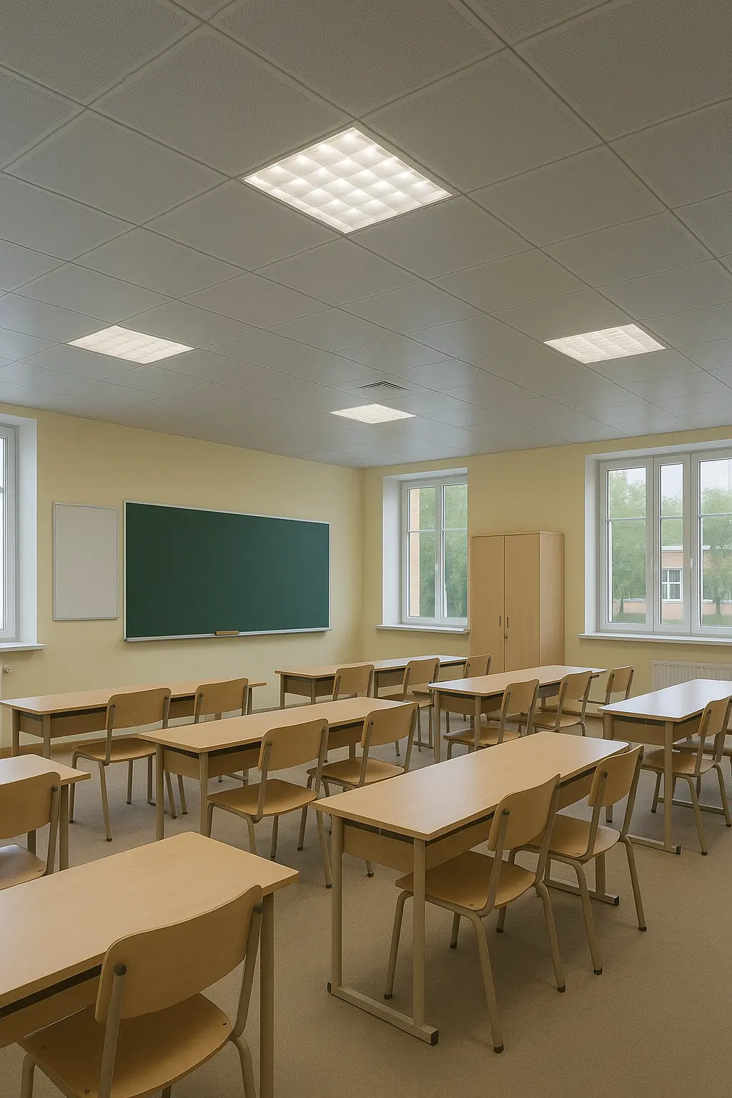 Modern school classroom featuring aluminum ceiling tiles with integrated lighting, wooden desks, and large windows providing natural daylight. in China featuring aluminum ceiling tiles with integrated lighting, wooden desks, and large windows providing natural daylight.