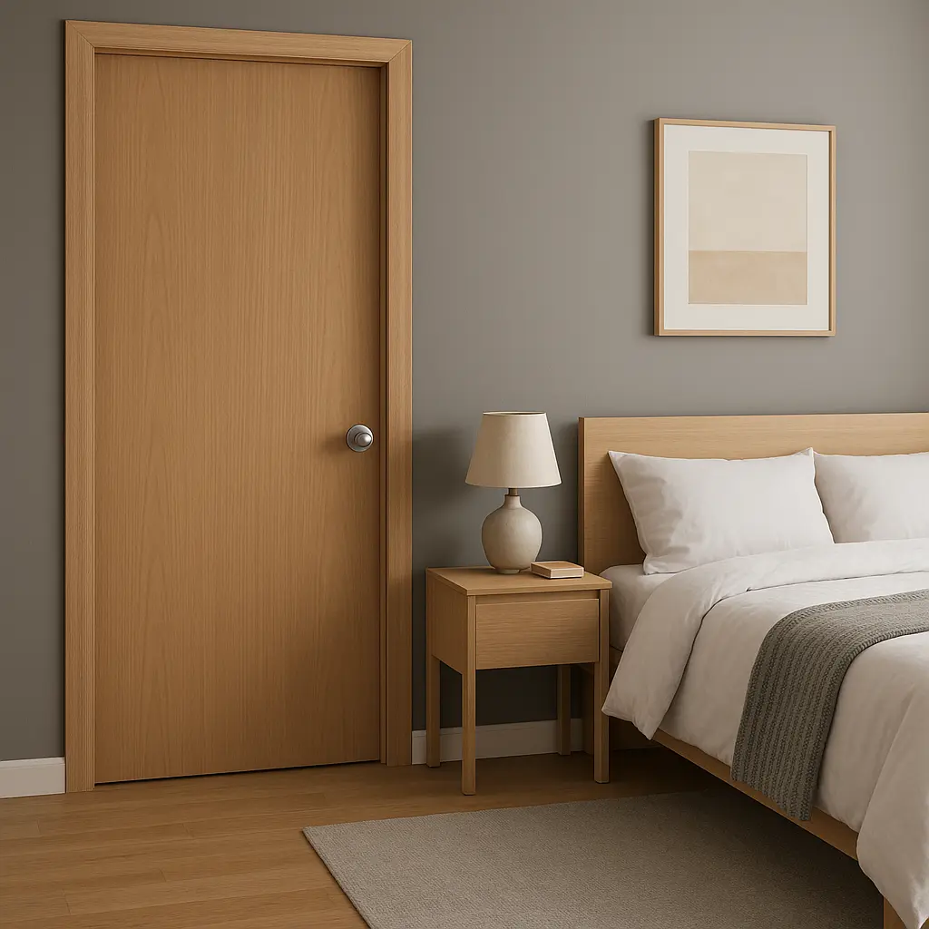 Bedroom with Hollow Core Door bedroom interior with a light wood hollow core door and minimalist decor