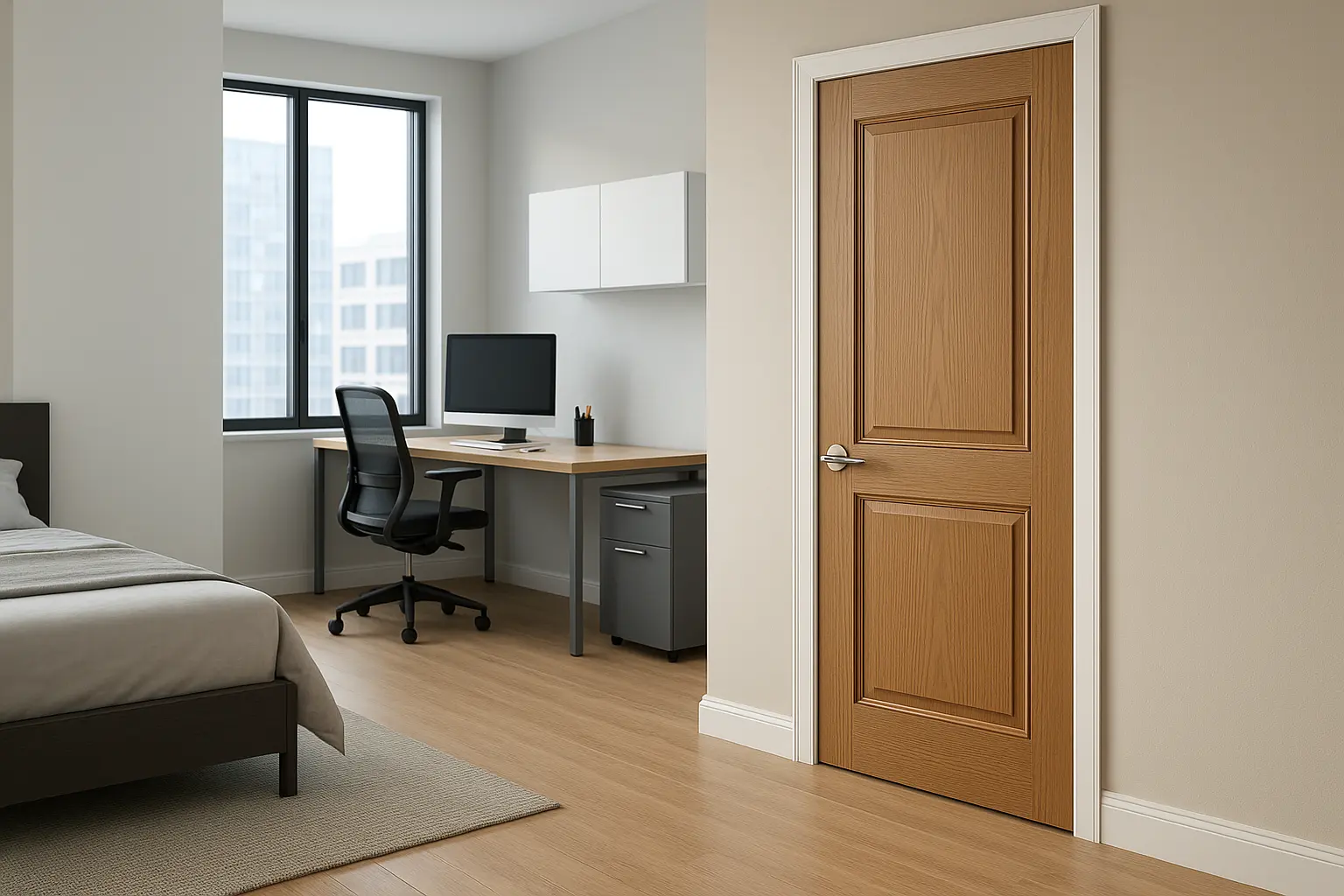 Room Interior with Solid Core Door modern office bedroom interior with a solid core wooden door and minimalist workspace