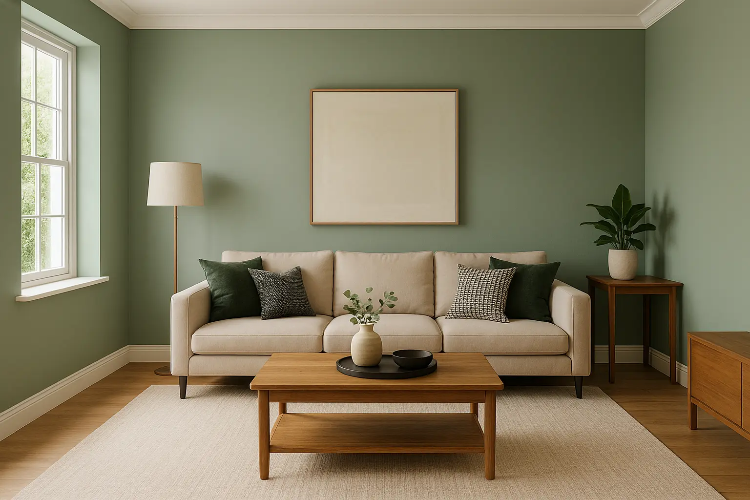 Living room interior featuring sage green walls sourced from wall paint China suppliers