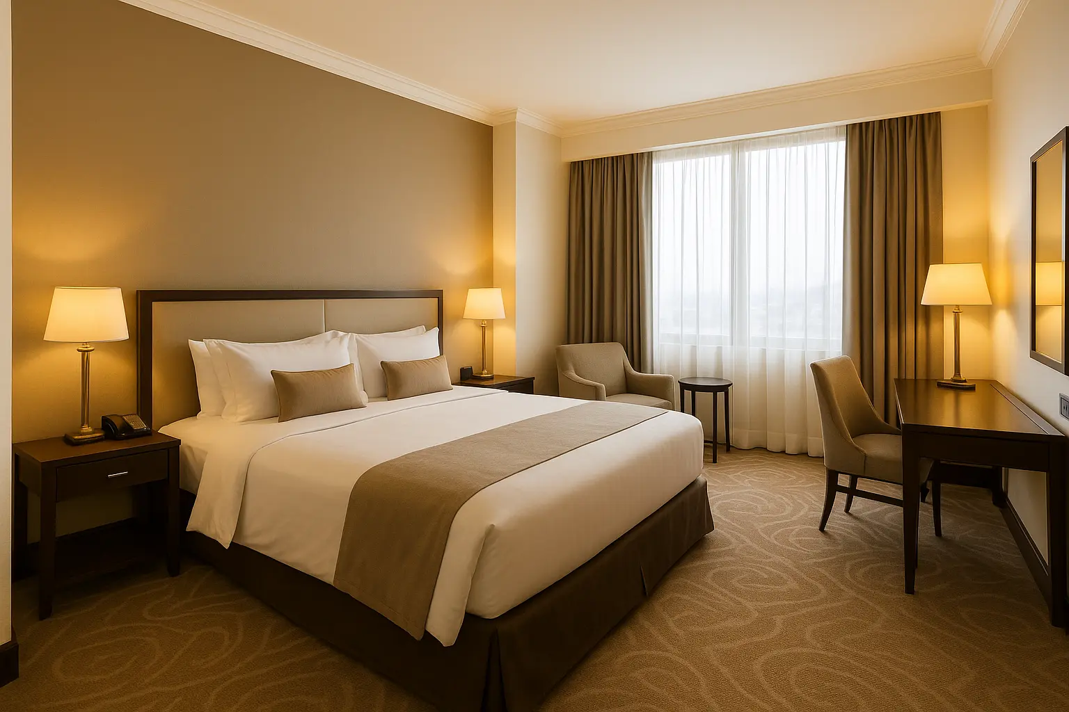 Hotel room interior with warm wall paint China finishes and modern furniture