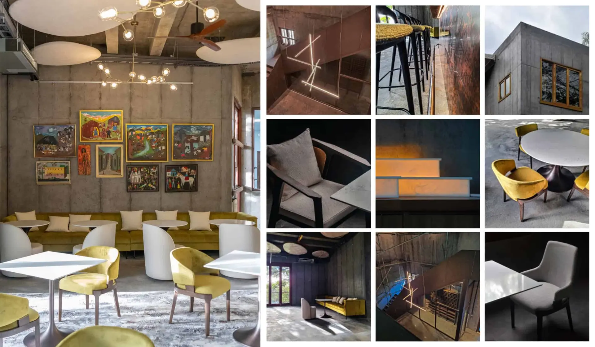 Secret Bay Interior Design and Custom Furniture Showcase Collage of custom interiors and furniture at Secret Bay, featuring curated seating, lighting, artwork, joinery, and bespoke pieces sourced for the project.