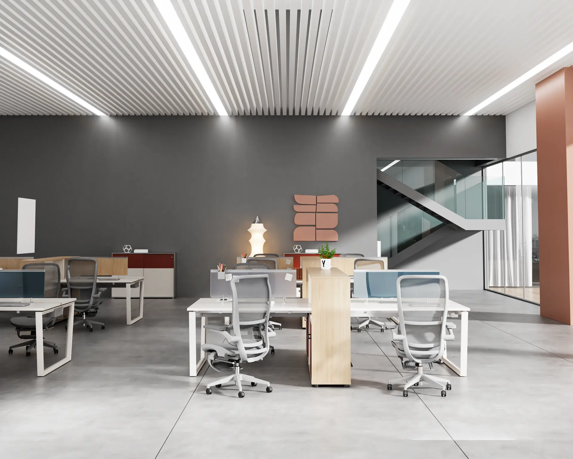Modern open-plan office with ergonomic chairs, workstation desks, and contemporary furniture sourced from China.