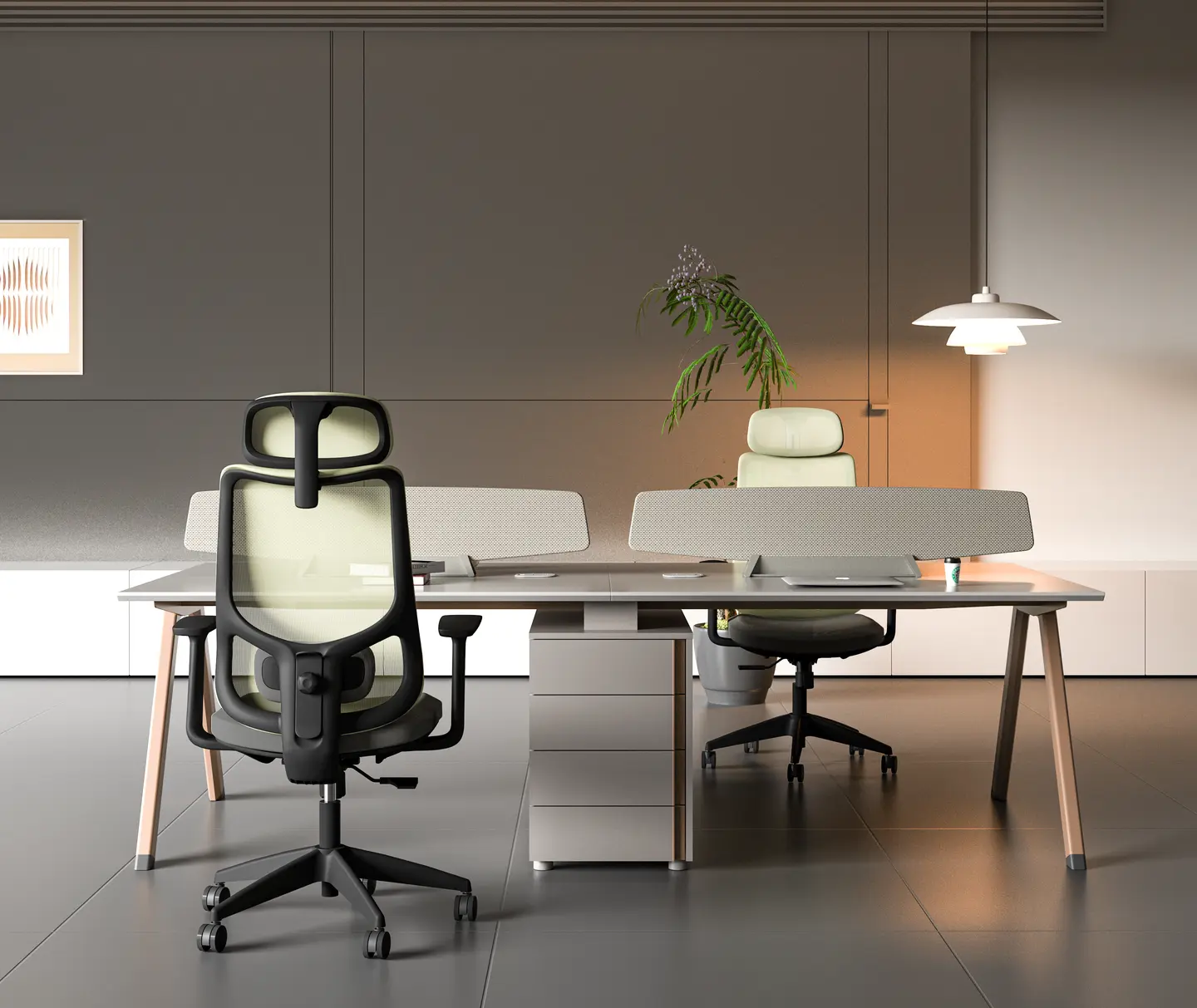 Modern office setup with ergonomic swivel chairs and workstation desk sourced from China.