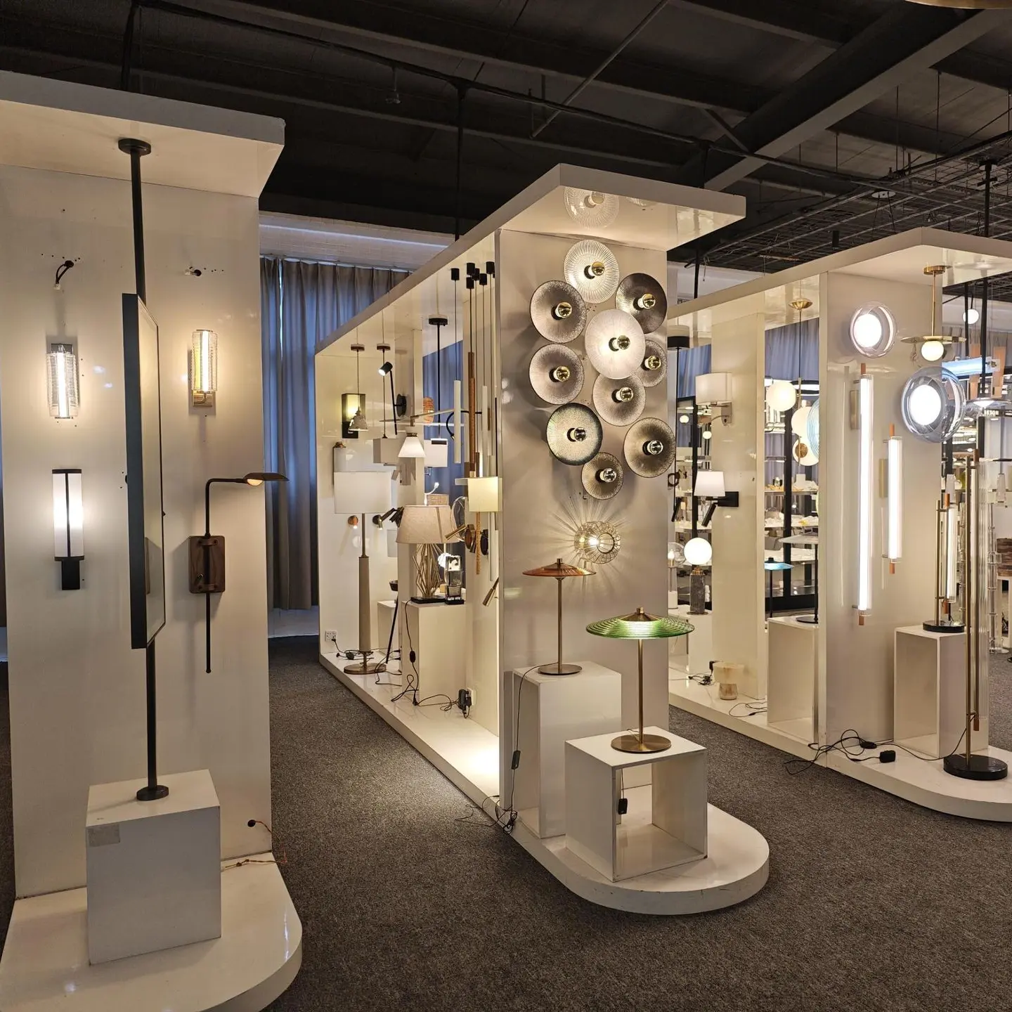 Showroom displaying a wide range of modern decorative and architectural lighting sourced from China