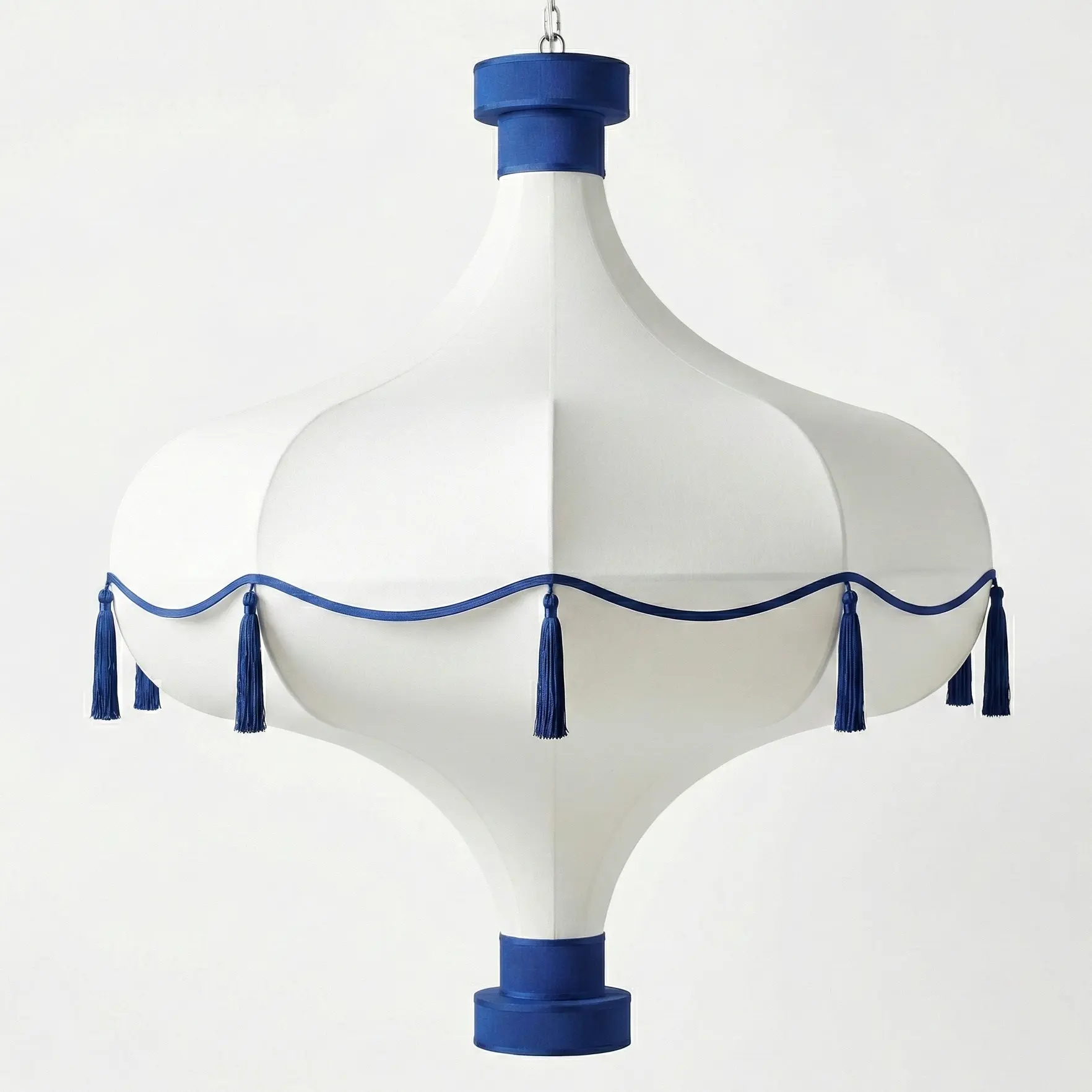Custom-made decorative pendant light with white fabric shade and blue tassel accents sourced from China.
