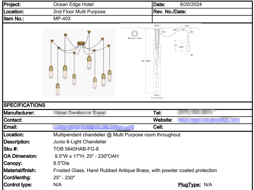 Custom lighting technical drawing and product specification sheet for bespoke chandelier inquiry